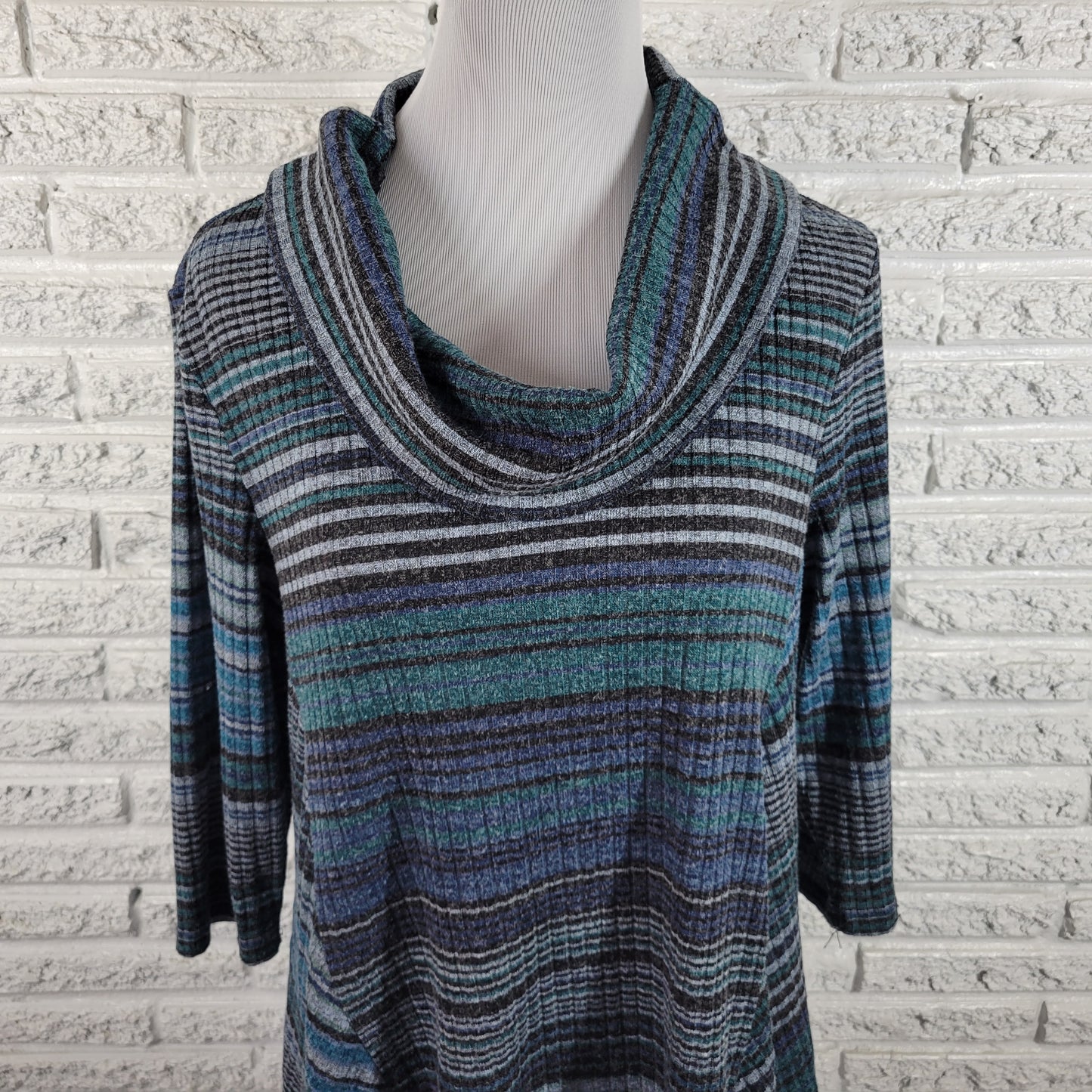 Christopher & Banks Women's XL Top Blue Striped Cowl Neck Sharkbite Hem STR175E