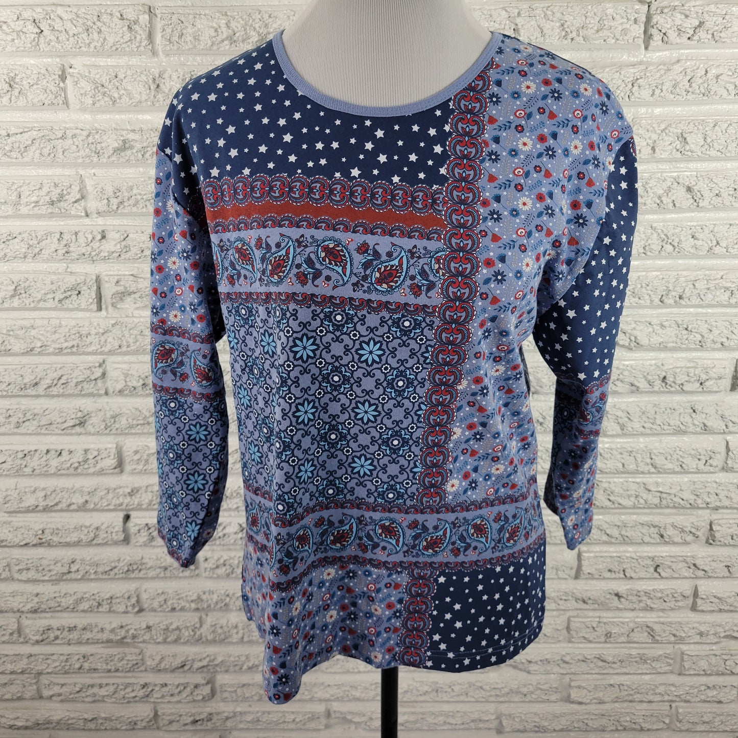 Morning Sun Women's XL Top Blue Patchwork Stars Paisley 100% Cotton C24E