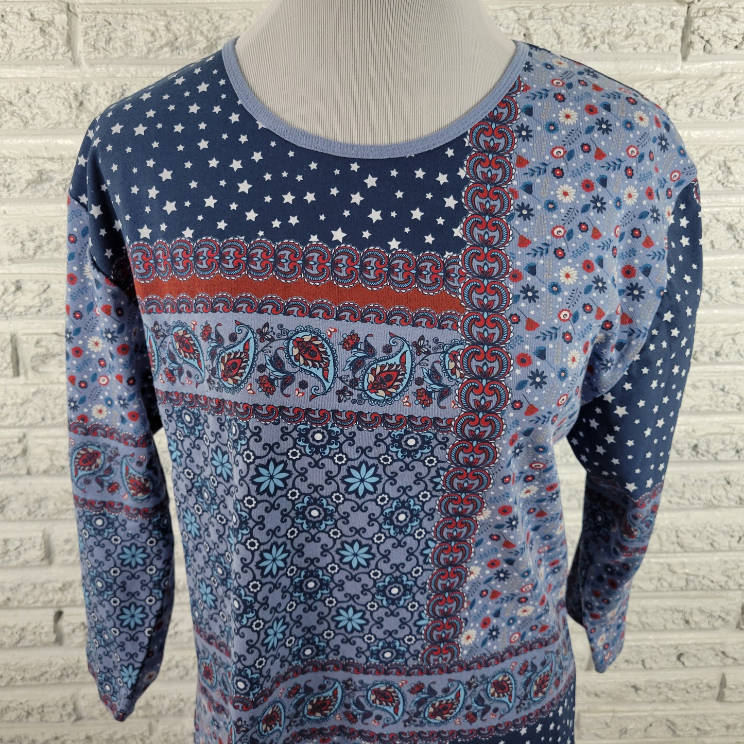 Morning Sun Women's XL Top Blue Patchwork Stars Paisley 100% Cotton C24E