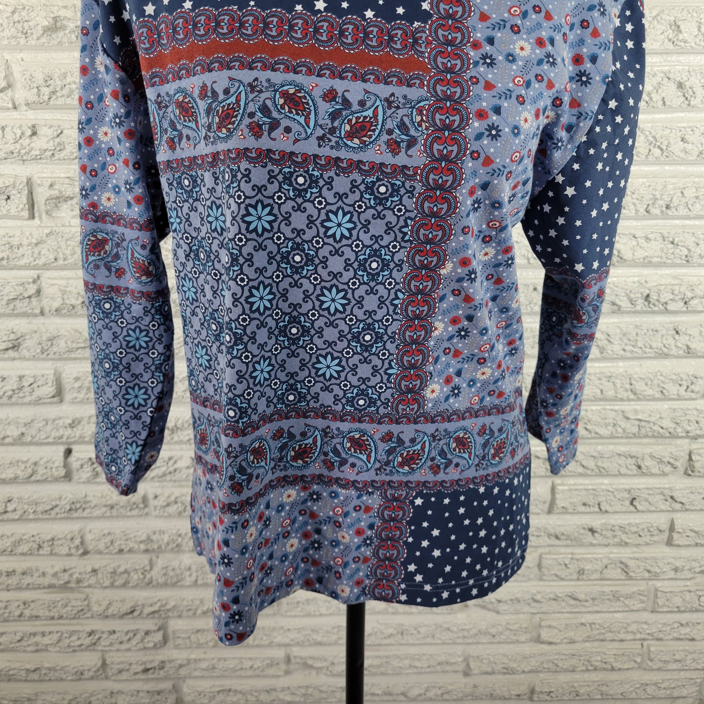 Morning Sun Women's XL Top Blue Patchwork Stars Paisley 100% Cotton C24E