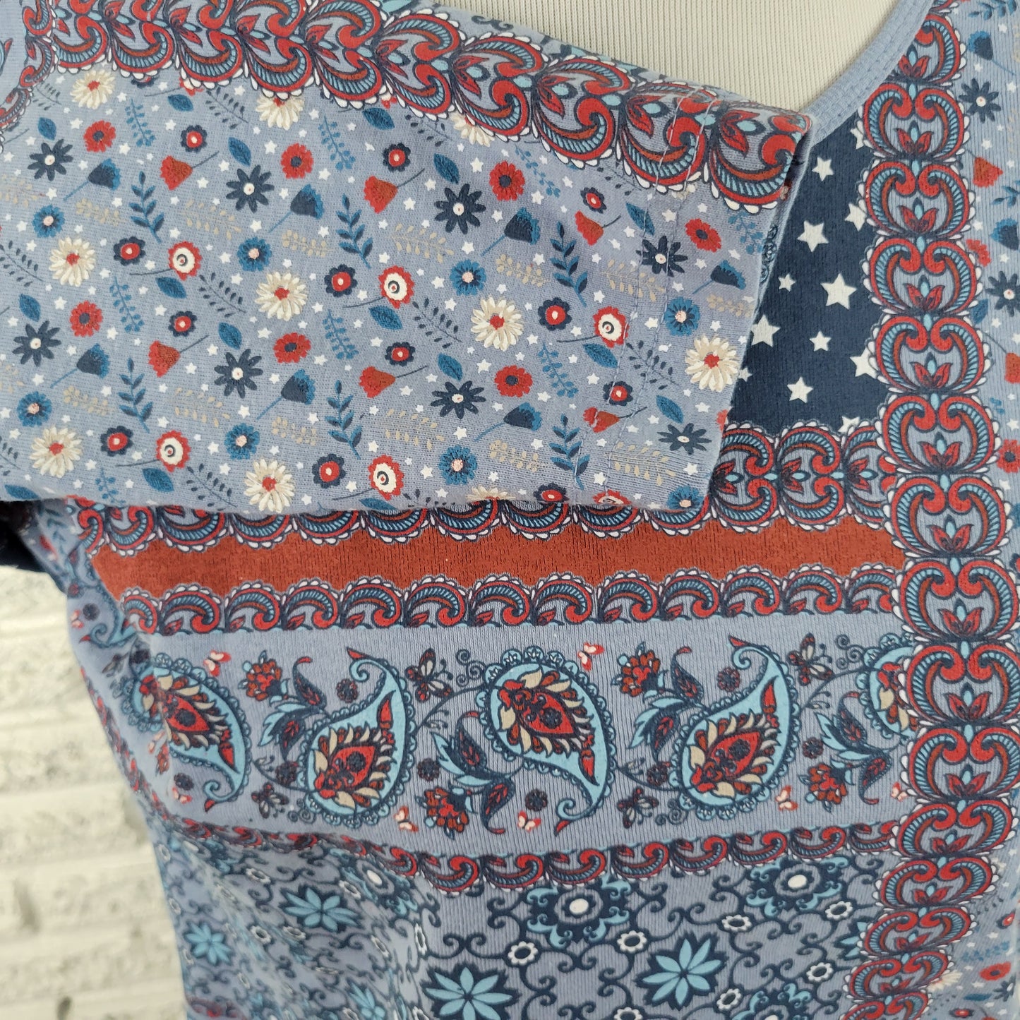 Morning Sun Women's XL Top Blue Patchwork Stars Paisley 100% Cotton C24E
