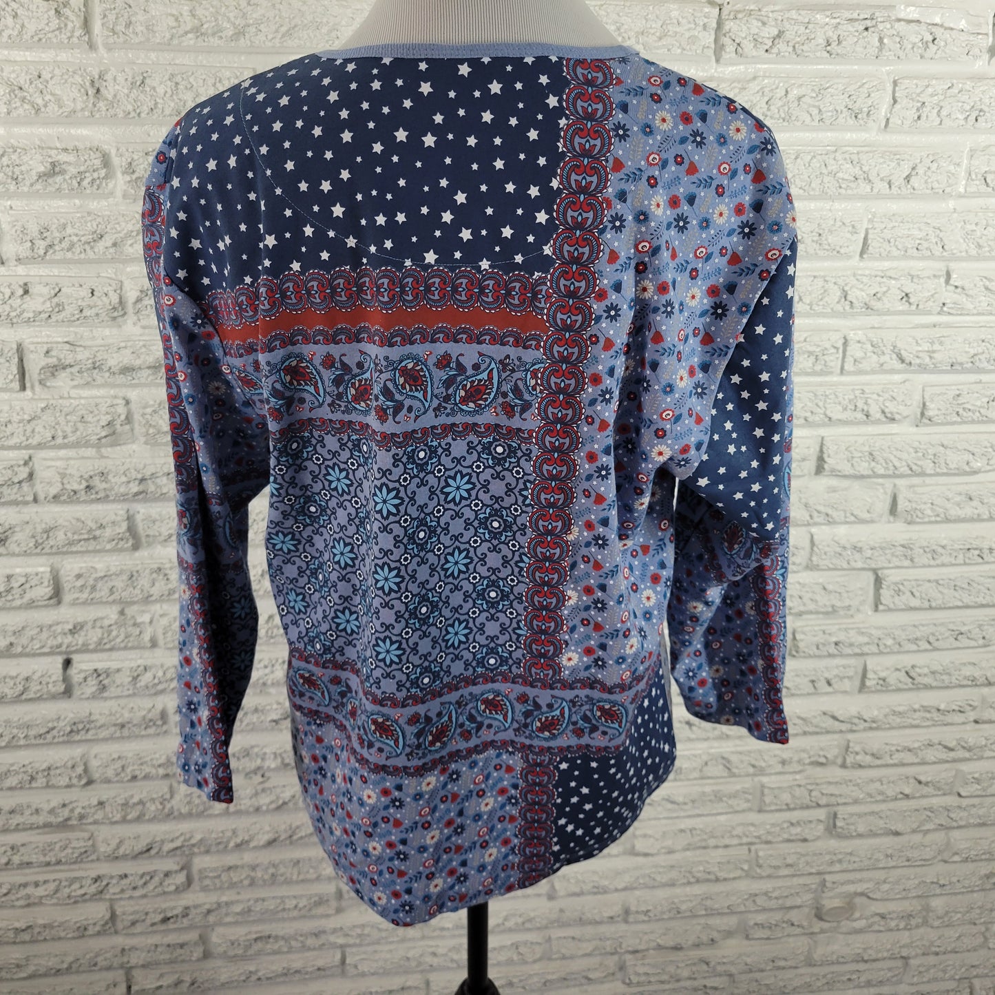 Morning Sun Women's XL Top Blue Patchwork Stars Paisley 100% Cotton C24E