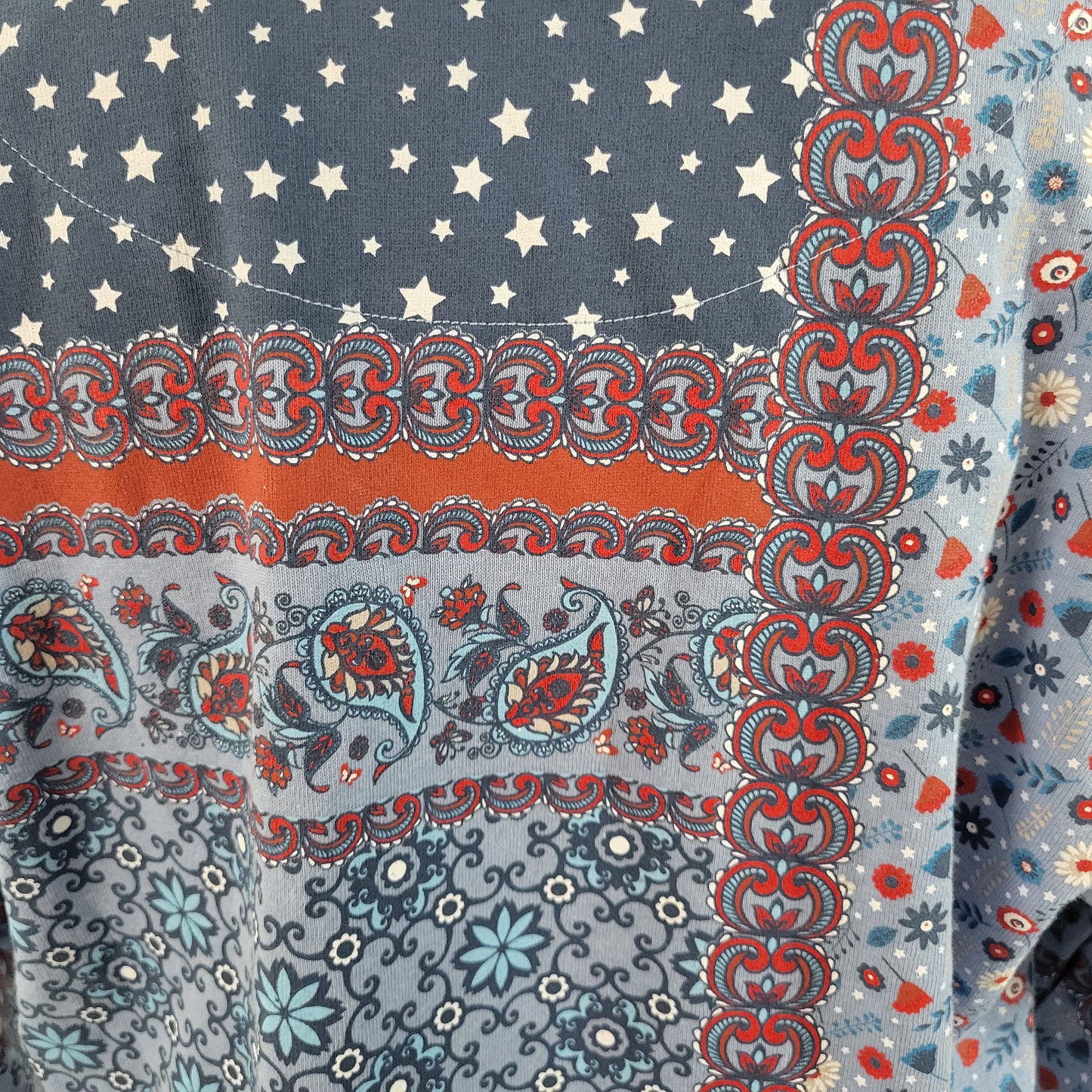 Morning Sun Women's XL Top Blue Patchwork Stars Paisley 100% Cotton C24E