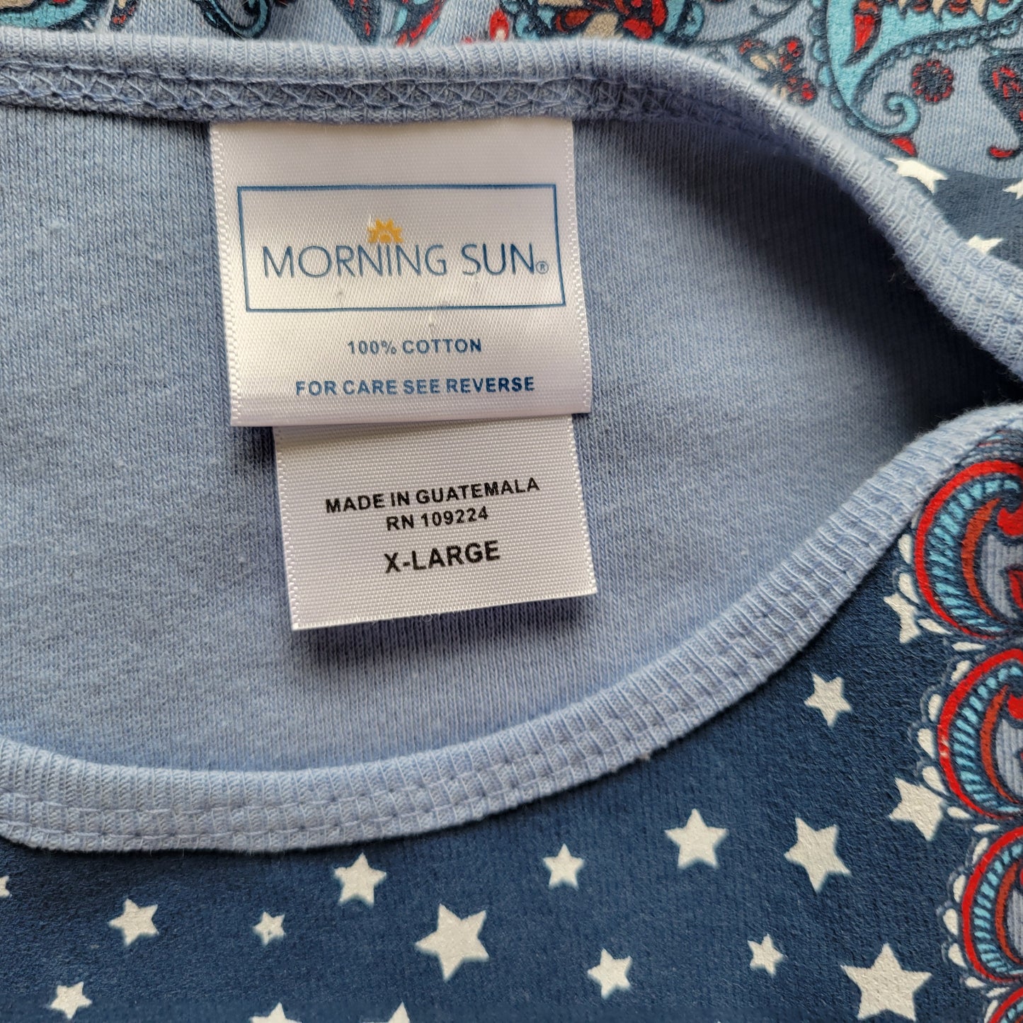 Morning Sun Women's XL Top Blue Patchwork Stars Paisley 100% Cotton C24E