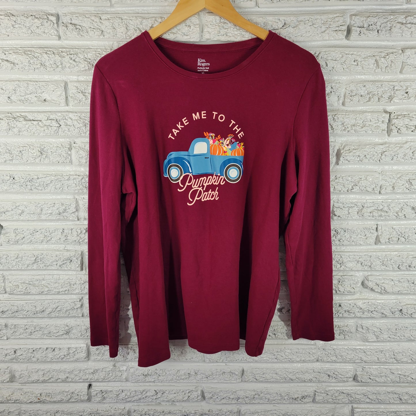 Kim Rogers Women's XL Long Sleeve Tee Burgundy Pumpkin Patch Cotton NOV111XE