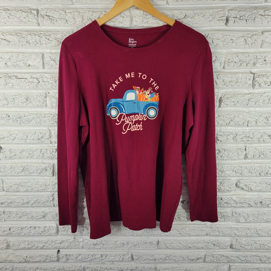 Kim Rogers Women's XL Long Sleeve Tee Burgundy Pumpkin Patch Cotton NOV111XE