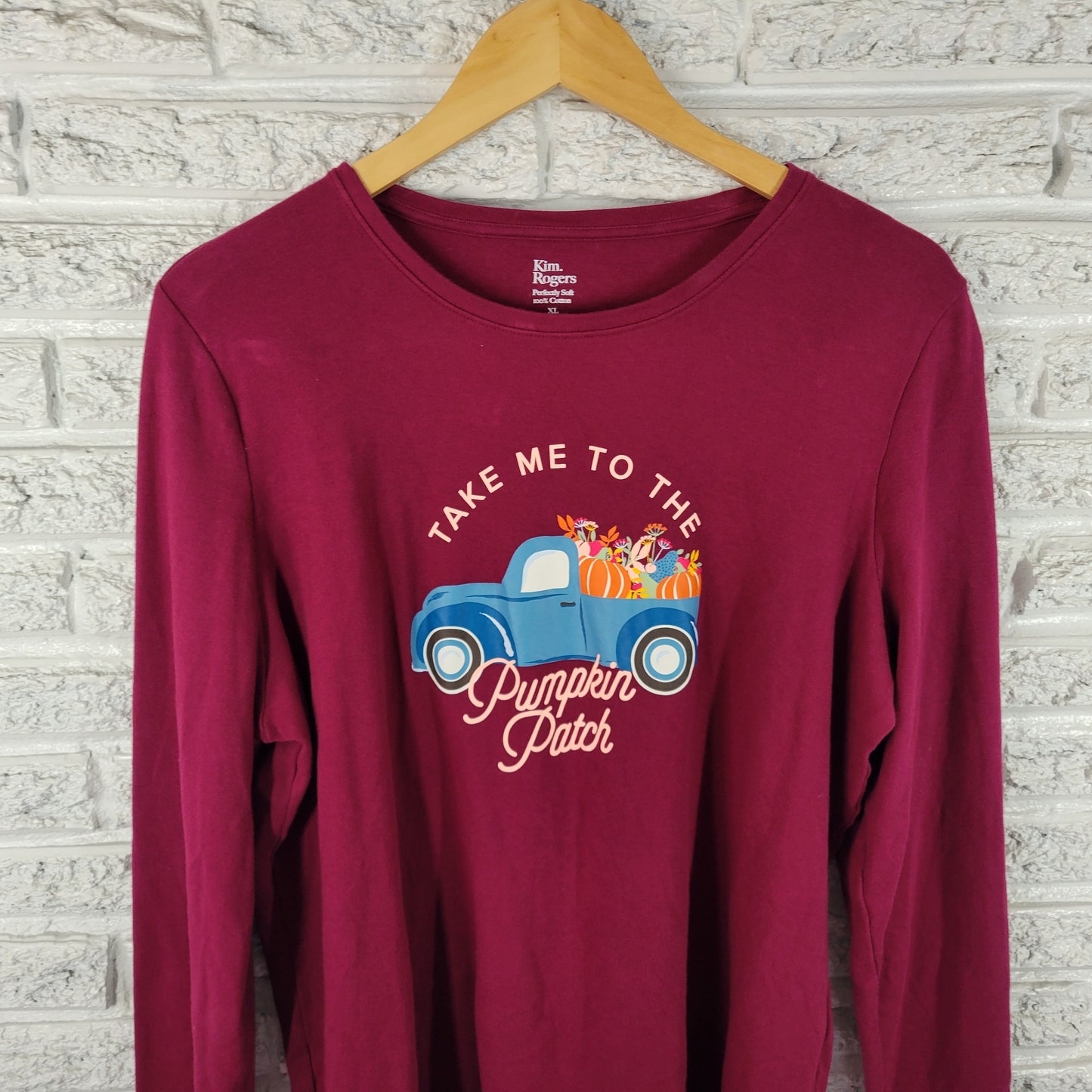 Kim Rogers Women's XL Long Sleeve Tee Burgundy Pumpkin Patch Cotton NOV111XE