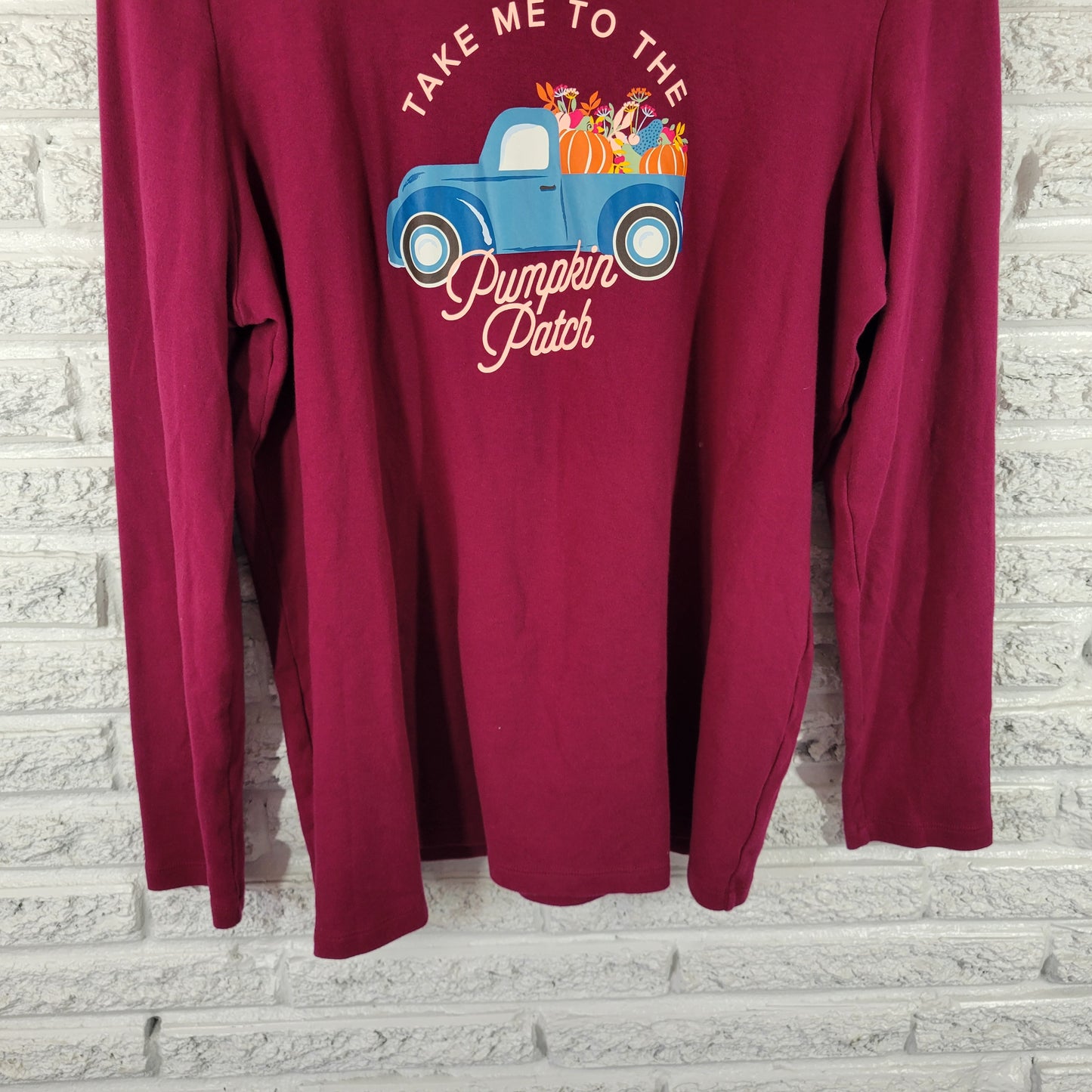 Kim Rogers Women's XL Long Sleeve Tee Burgundy Pumpkin Patch Cotton NOV111XE