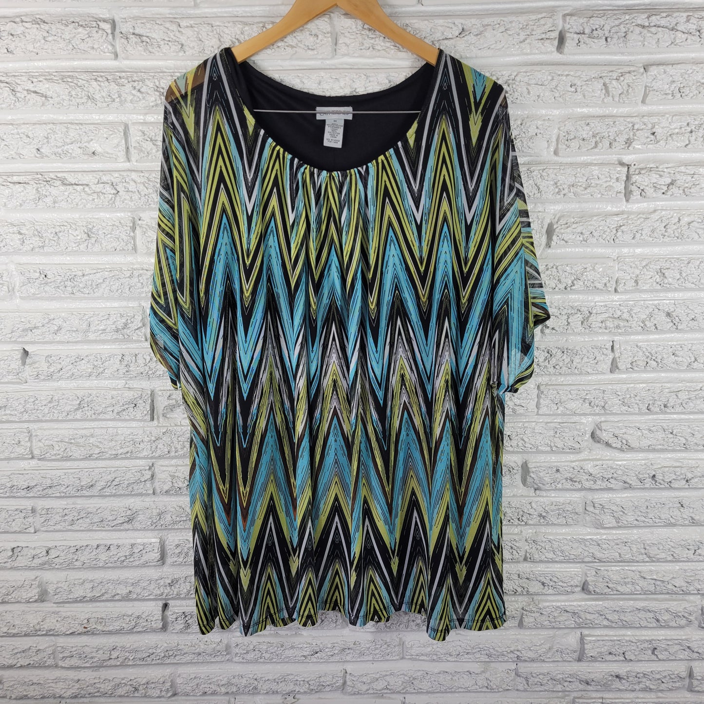 Catherines Women's 3X Tunic Blue Green Zig Zag Mesh Pullover Blouse GEO273E