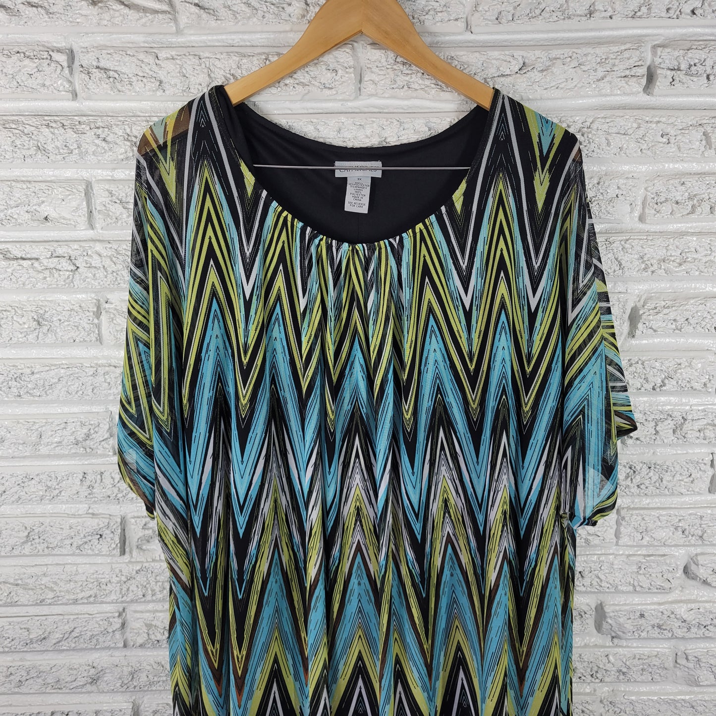 Catherines Women's 3X Tunic Blue Green Zig Zag Mesh Pullover Blouse GEO273E
