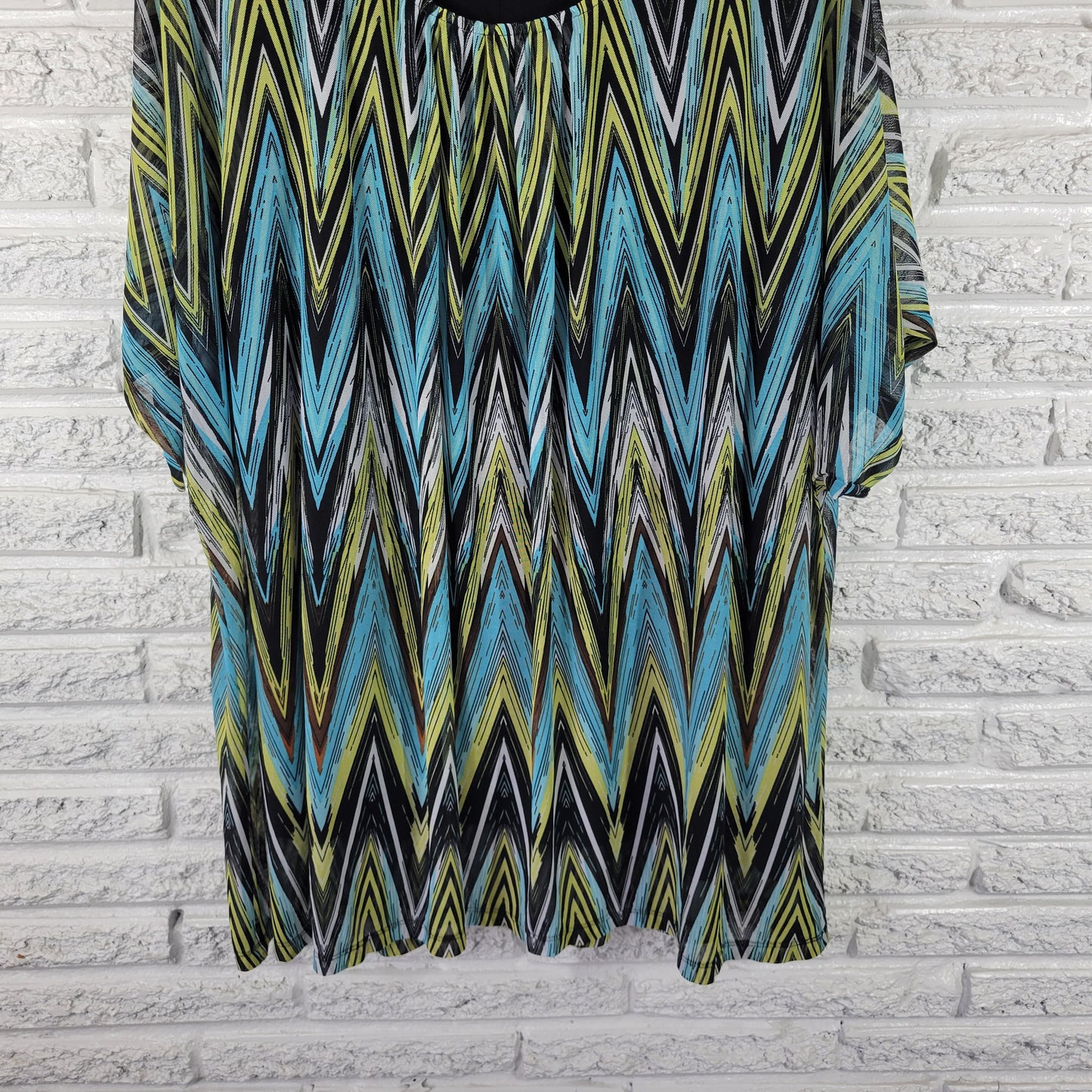 Catherines Women's 3X Tunic Blue Green Zig Zag Mesh Pullover Blouse GEO273E