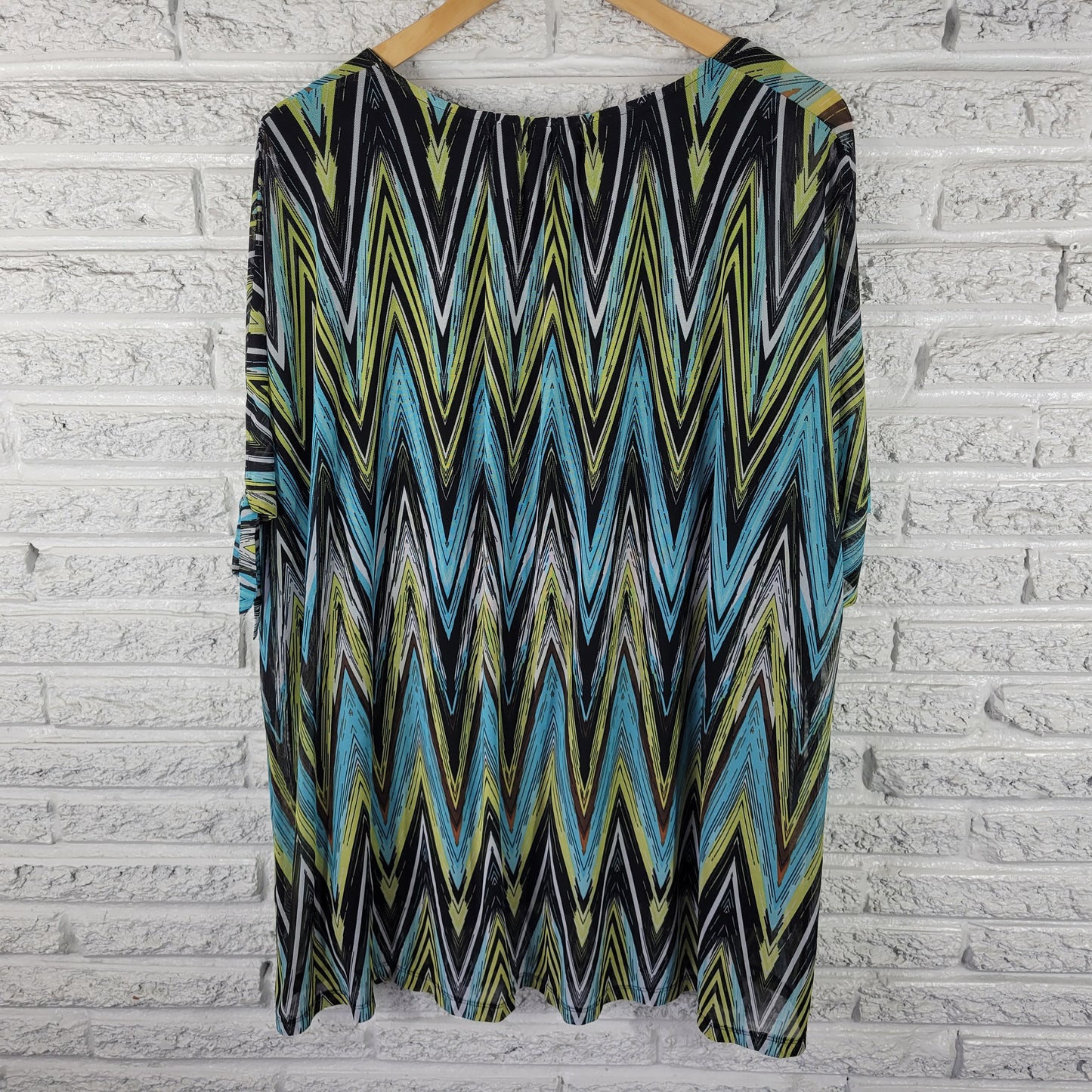 Catherines Women's 3X Tunic Blue Green Zig Zag Mesh Pullover Blouse GEO273E