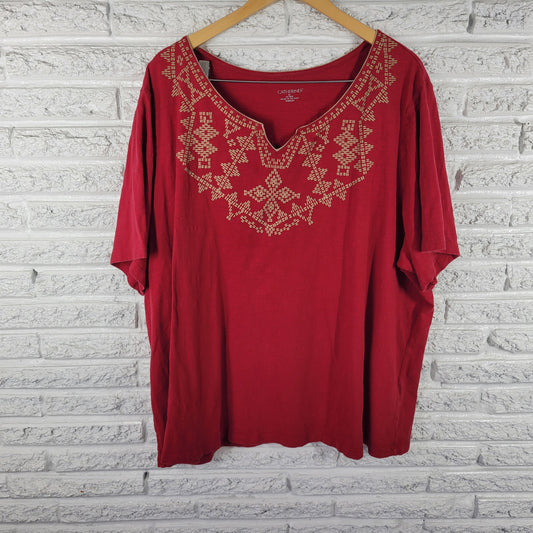 Catherines Womens 3X Tee Red Geometric V-Neck Short Sleeve 100% Cotton GEO8E