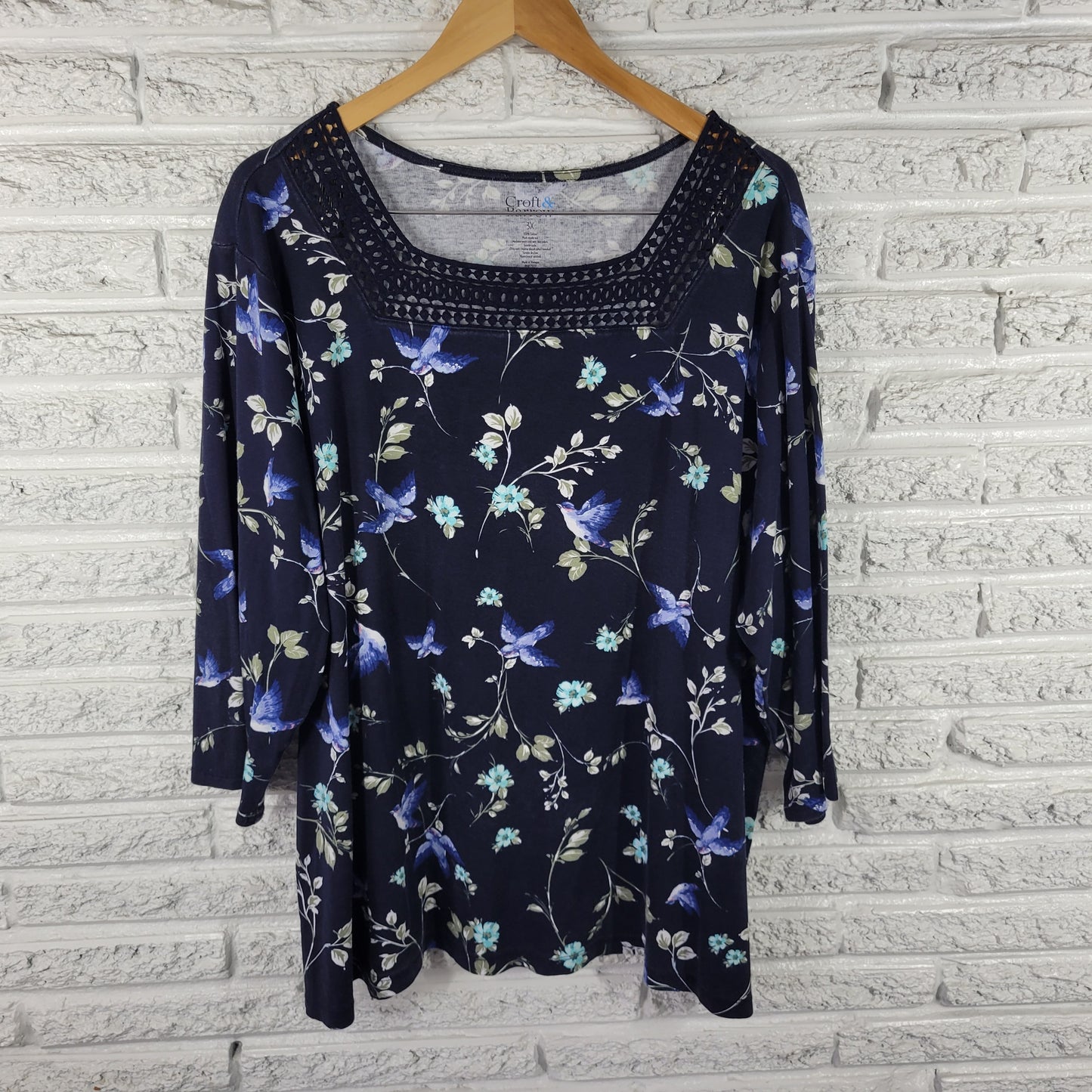 Croft & Barrow Womens 3X Top Blue Floral Bluebird 3/4 Sleeve Crochet FLO282E