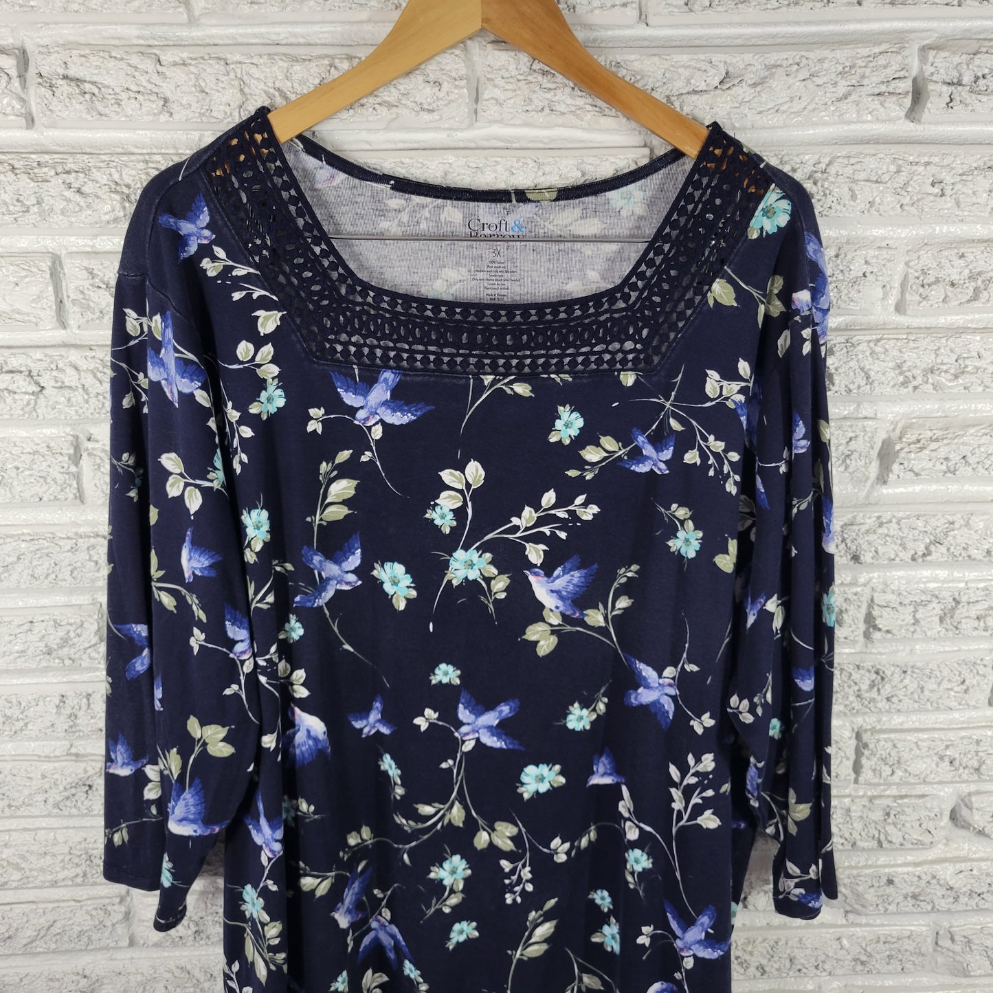 Croft & Barrow Womens 3X Top Blue Floral Bluebird 3/4 Sleeve Crochet FLO282E