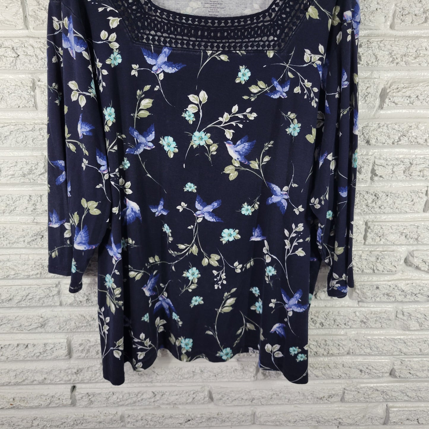 Croft & Barrow Womens 3X Top Blue Floral Bluebird 3/4 Sleeve Crochet FLO282E