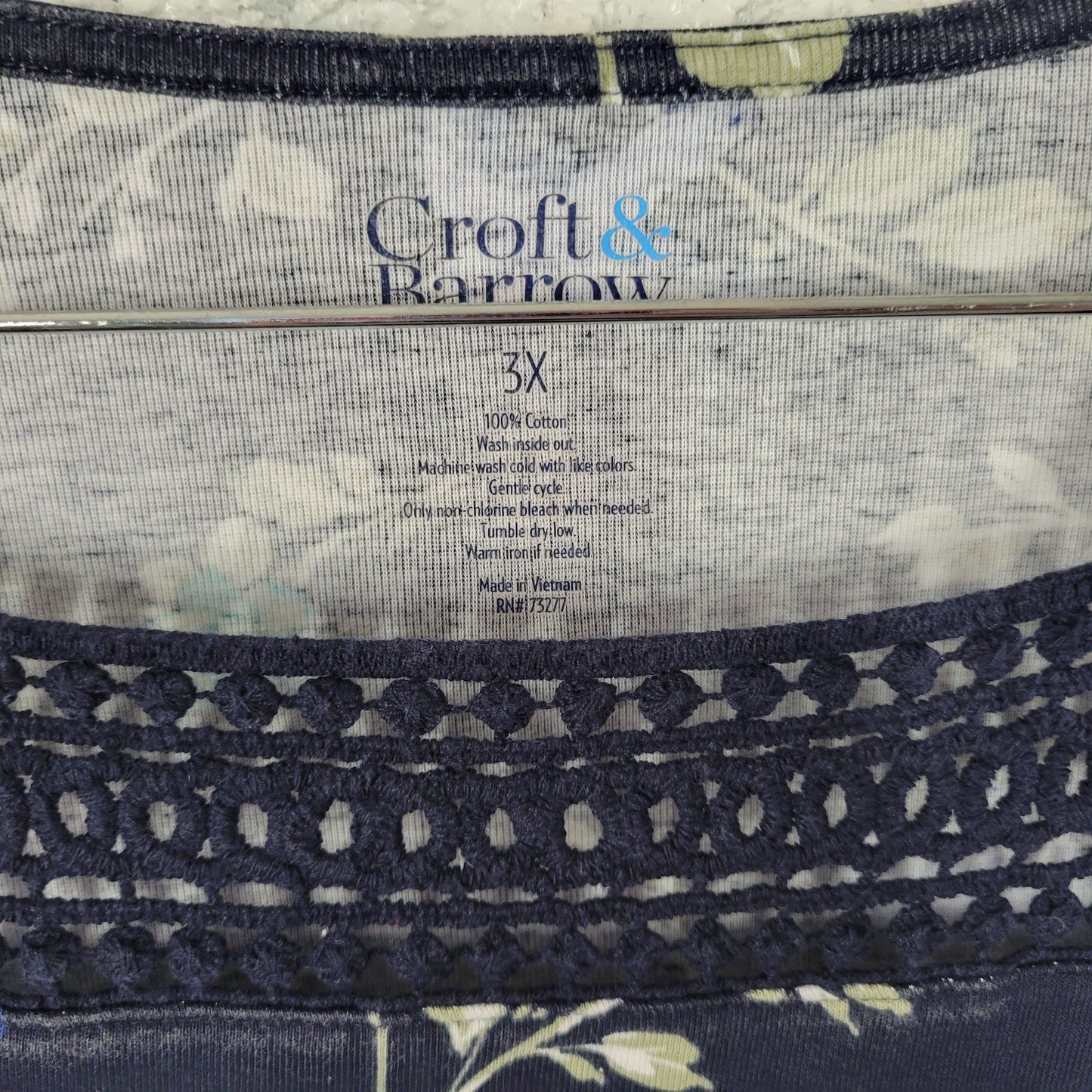 Croft & Barrow Womens 3X Top Blue Floral Bluebird 3/4 Sleeve Crochet FLO282E