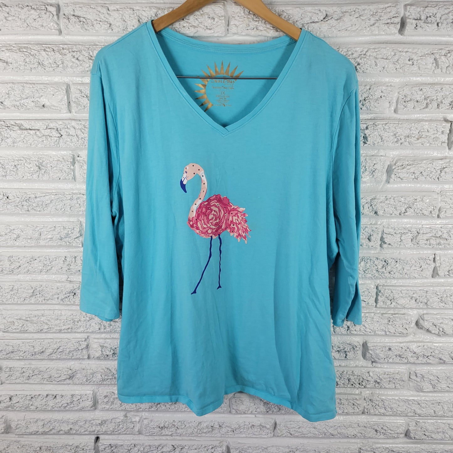 Sun Bay Women's 1X Tunic Blue Flamingo Rhinestone 3/4 Sleeve V-Neck NOV102XE