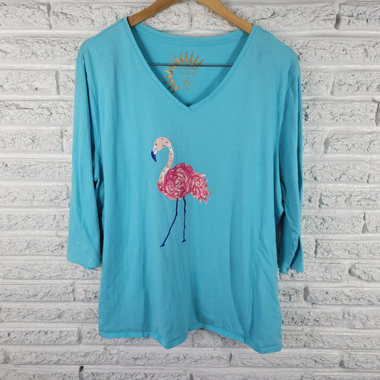 Sun Bay Women's 1X Tunic Blue Flamingo Rhinestone 3/4 Sleeve V-Neck NOV102XE