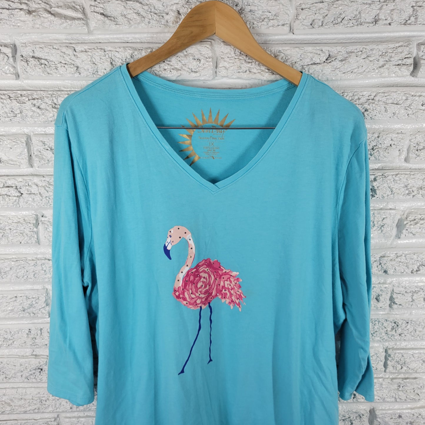 Sun Bay Women's 1X Tunic Blue Flamingo Rhinestone 3/4 Sleeve V-Neck NOV102XE