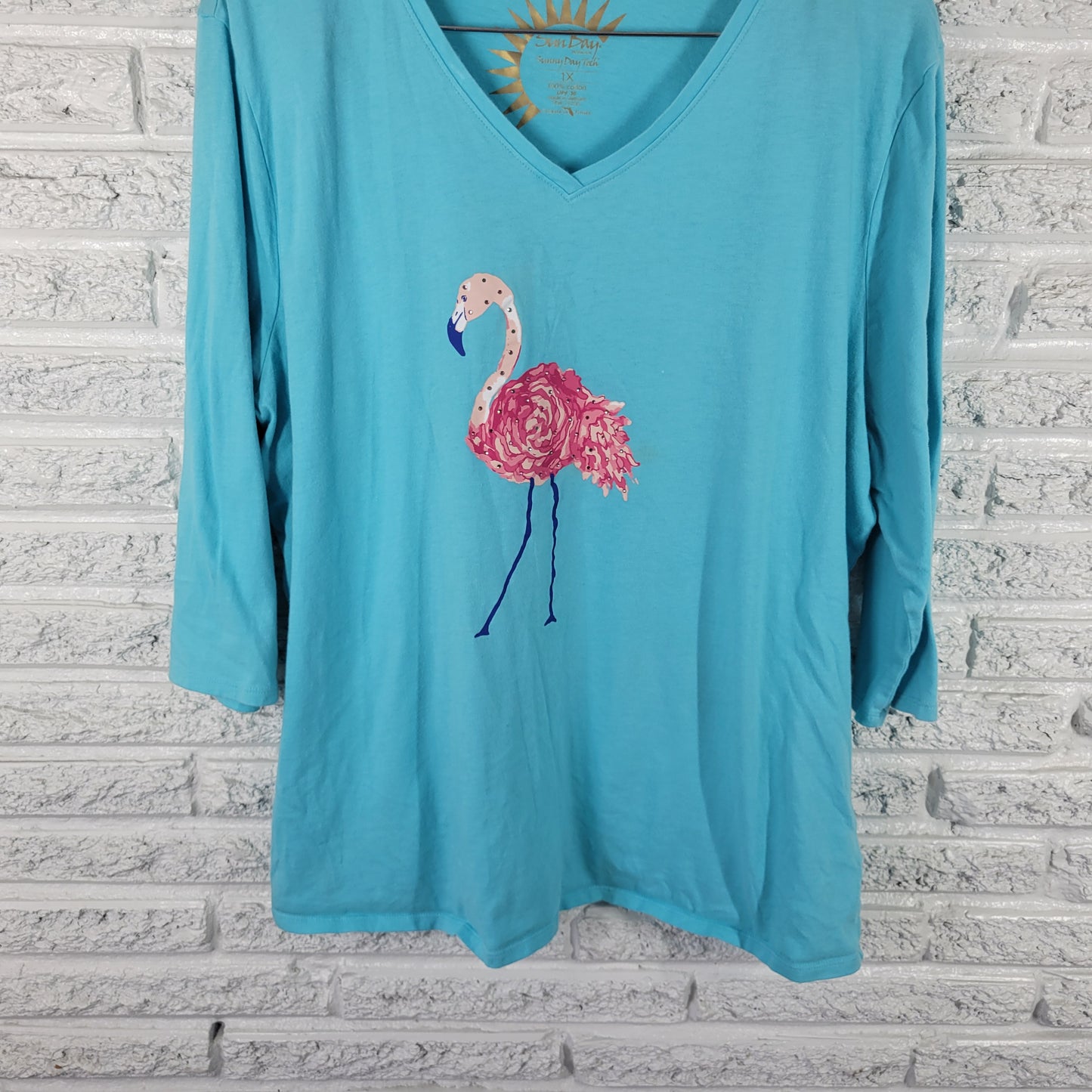 Sun Bay Women's 1X Tunic Blue Flamingo Rhinestone 3/4 Sleeve V-Neck NOV102XE