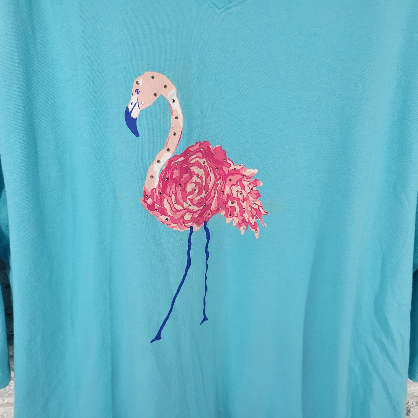 Sun Bay Women's 1X Tunic Blue Flamingo Rhinestone 3/4 Sleeve V-Neck NOV102XE