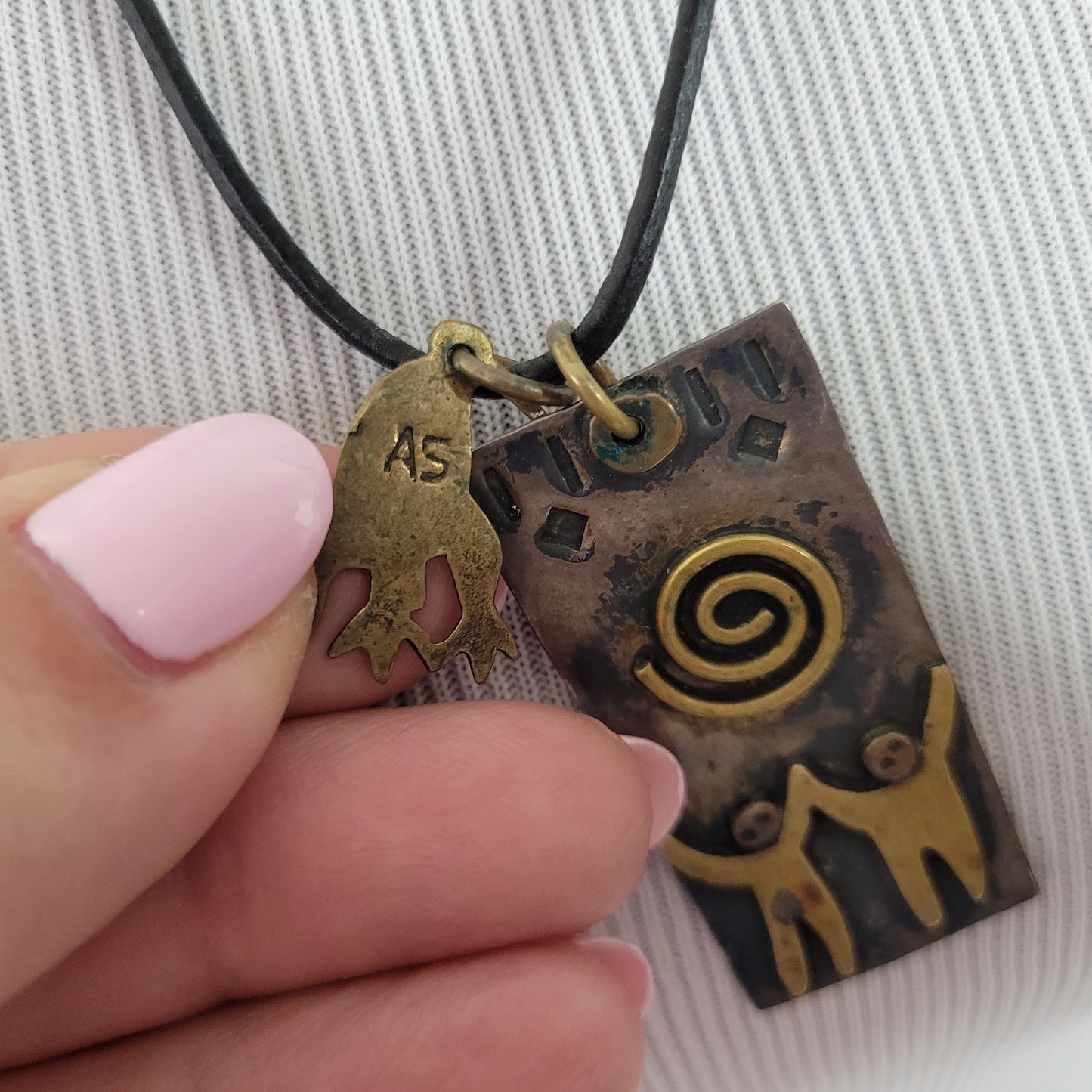 Artisan AS Signed Mixed Boho Chic Pendant Leather Cord Necklace 26-28"