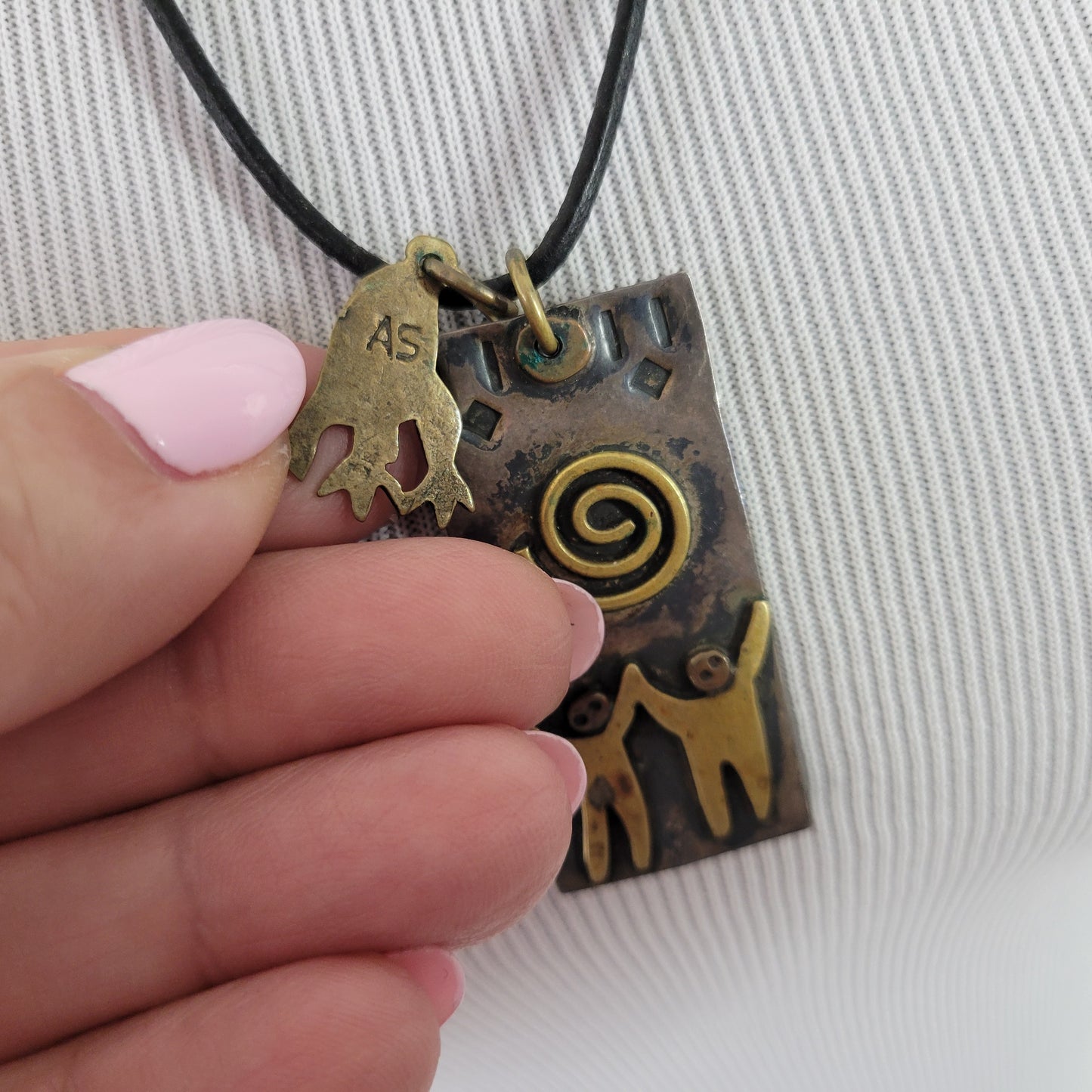 Artisan AS Signed Mixed Boho Chic Pendant Leather Cord Necklace 26-28"