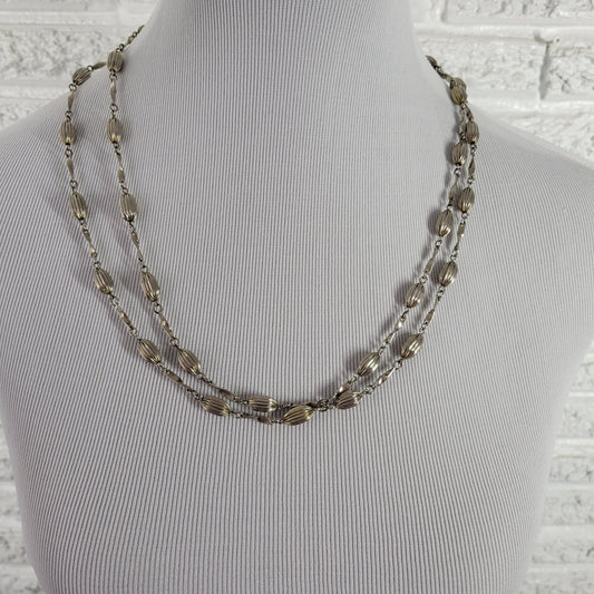 Vintage Silver Tone Ribbed Melon Bead Station Necklace 24" Mid Century N12E