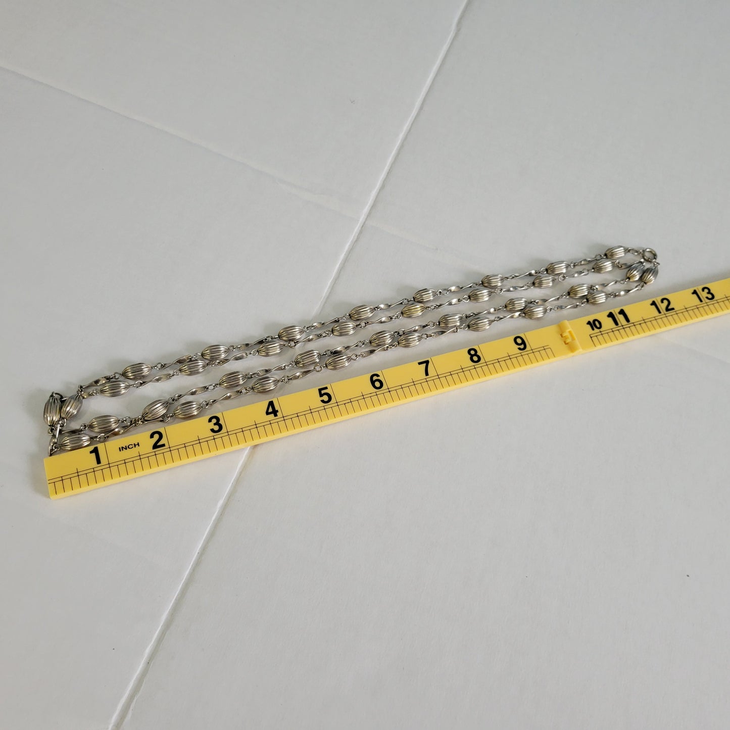 Vintage Silver Tone Ribbed Melon Bead Station Necklace 24" Mid Century N12E