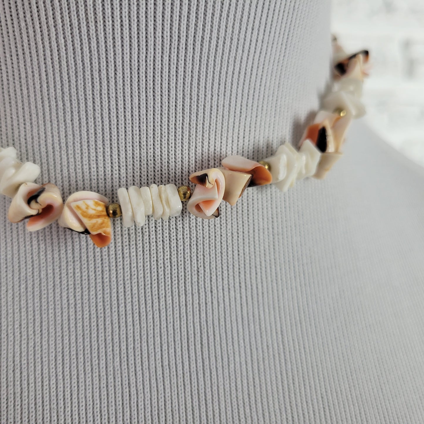 Vintage Shell Heishi & Puka Bead Choker Necklace 16" Nautical Beach N11E