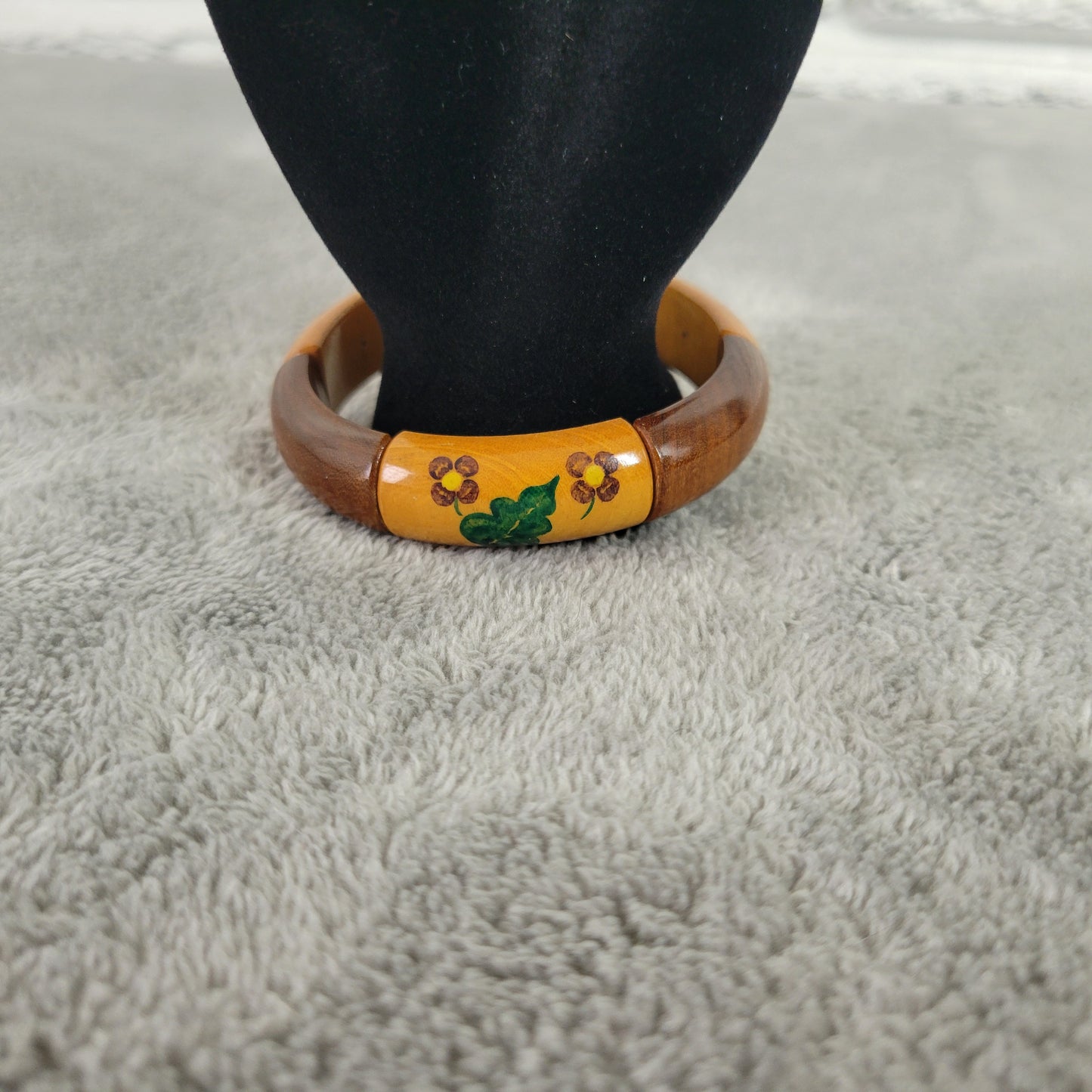 Vintage Wood Bangle Bracelet Hand Painted Floral Boho Stretch Multi-Tone B8E