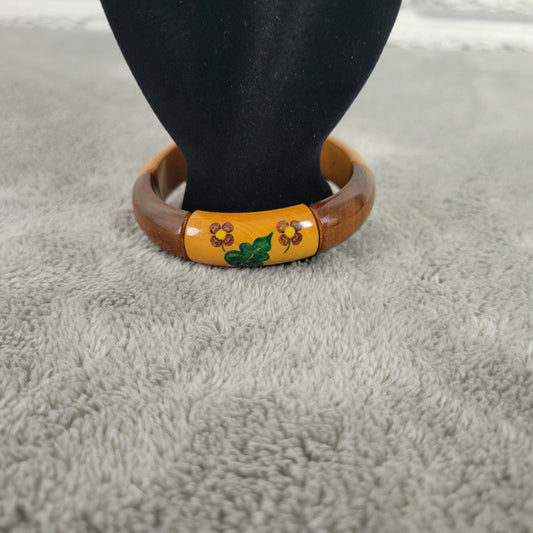 Vintage Wood Bangle Bracelet Hand Painted Floral Boho Stretch Multi-Tone B8E