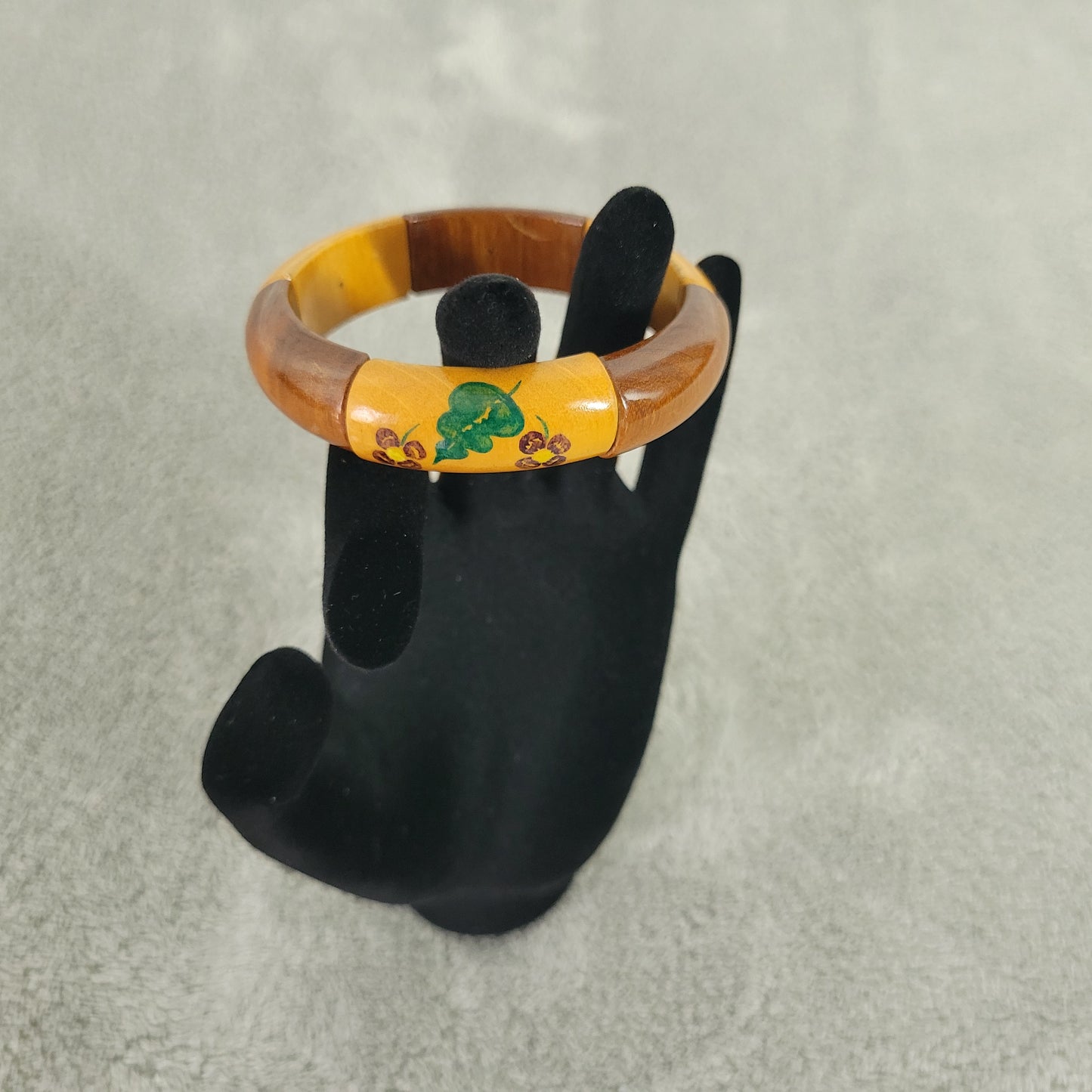 Vintage Wood Bangle Bracelet Hand Painted Floral Boho Stretch Multi-Tone B8E