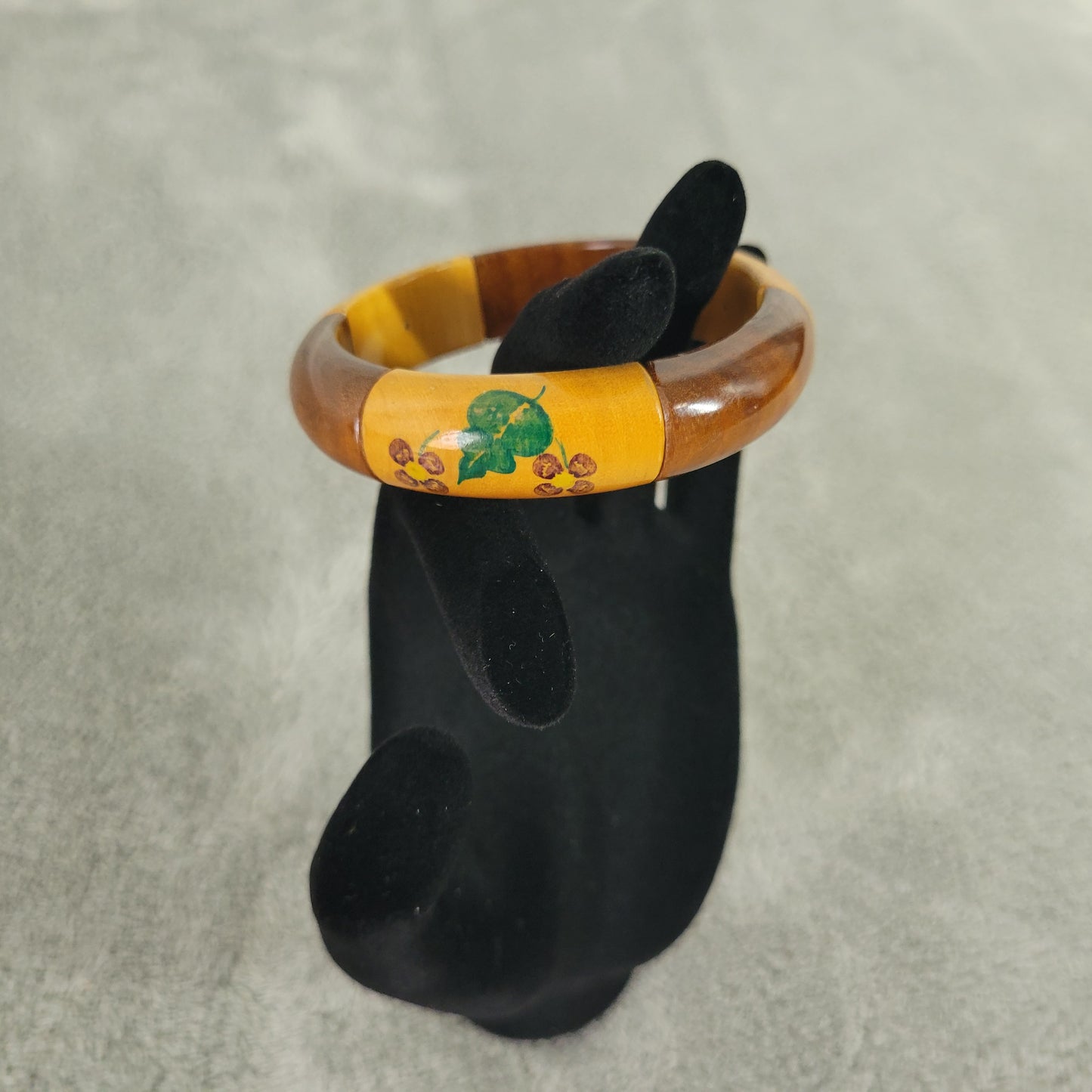 Vintage Wood Bangle Bracelet Hand Painted Floral Boho Stretch Multi-Tone B8E