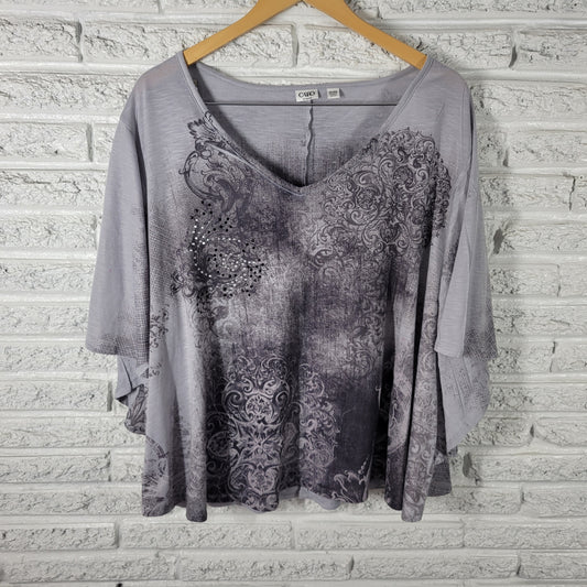 Cato Plus Size 26W 28W Blouse Gray Geometric V-Neck Batwing Sleeve Top GEO296E
