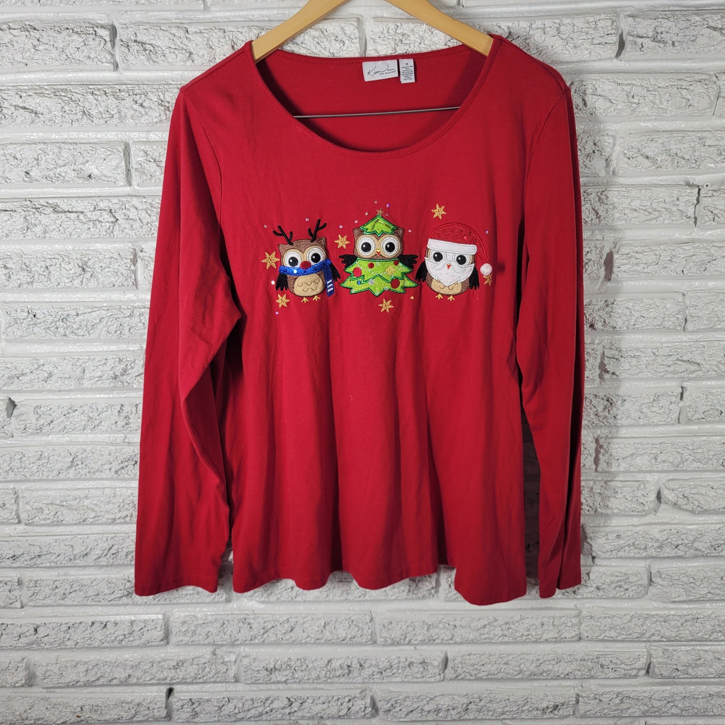 Kim Rogers Christmas Tee 1X Red Embroidered Owl Sequin Long Sleeve Plus NOV122E