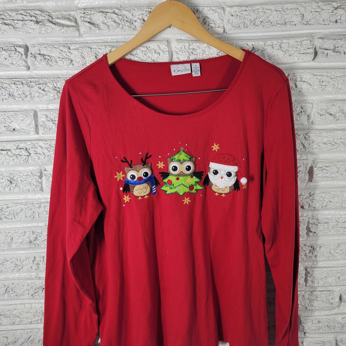 Kim Rogers Christmas Tee 1X Red Embroidered Owl Sequin Long Sleeve Plus NOV122E