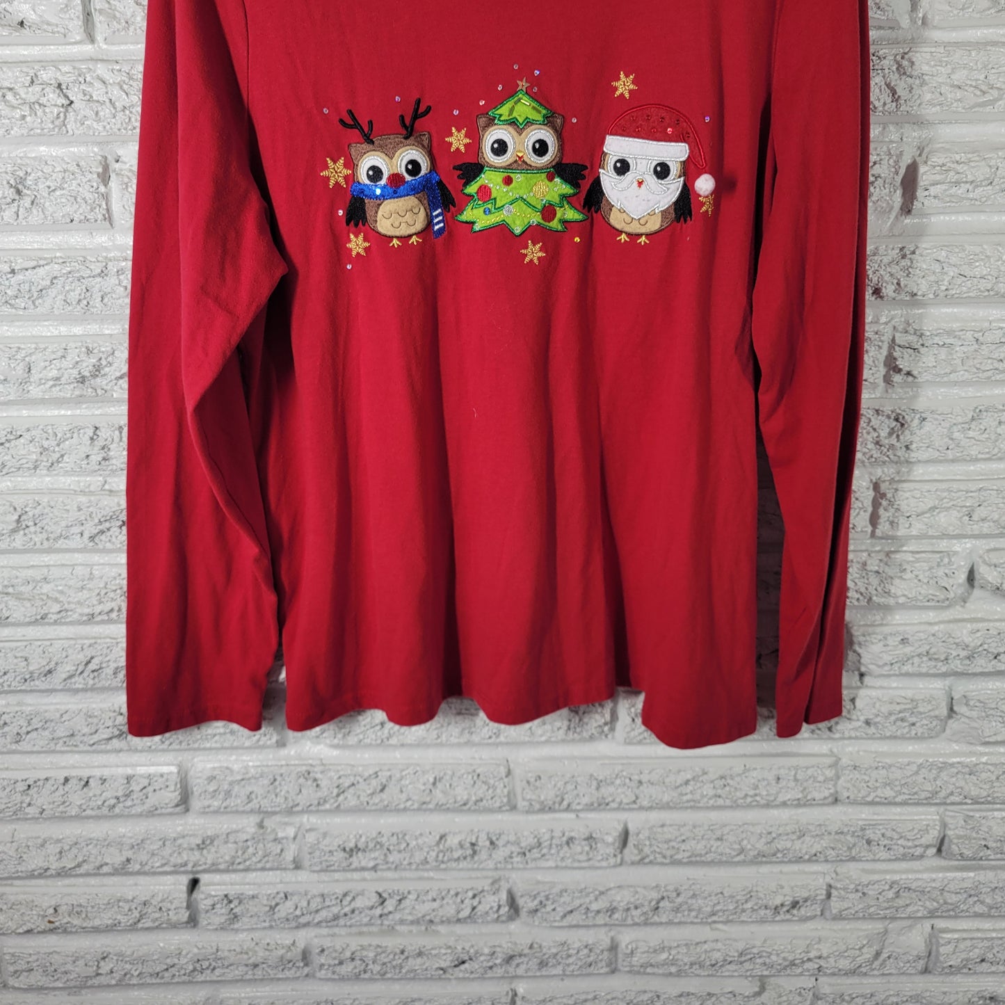 Kim Rogers Christmas Tee 1X Red Embroidered Owl Sequin Long Sleeve Plus NOV122E