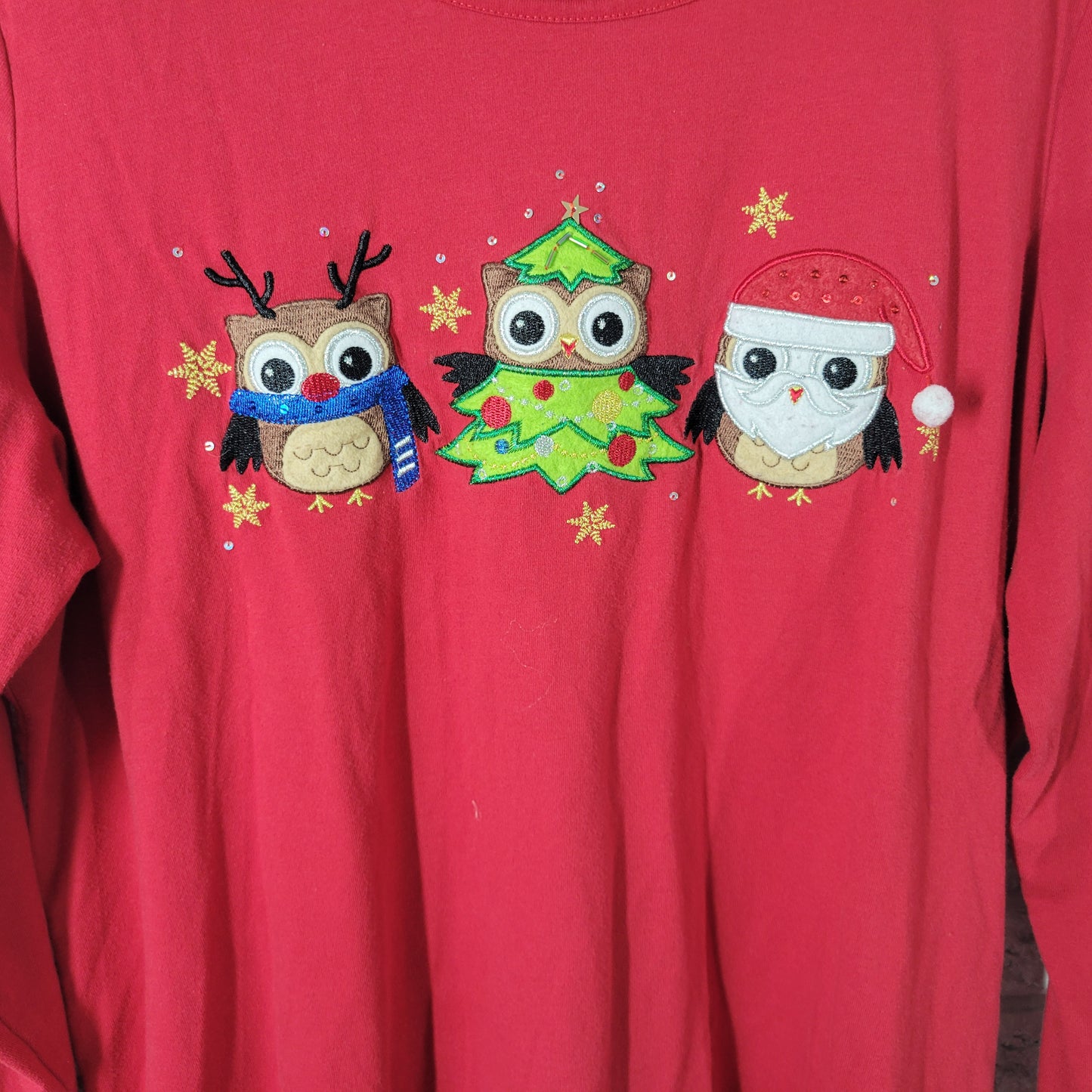 Kim Rogers Christmas Tee 1X Red Embroidered Owl Sequin Long Sleeve Plus NOV122E