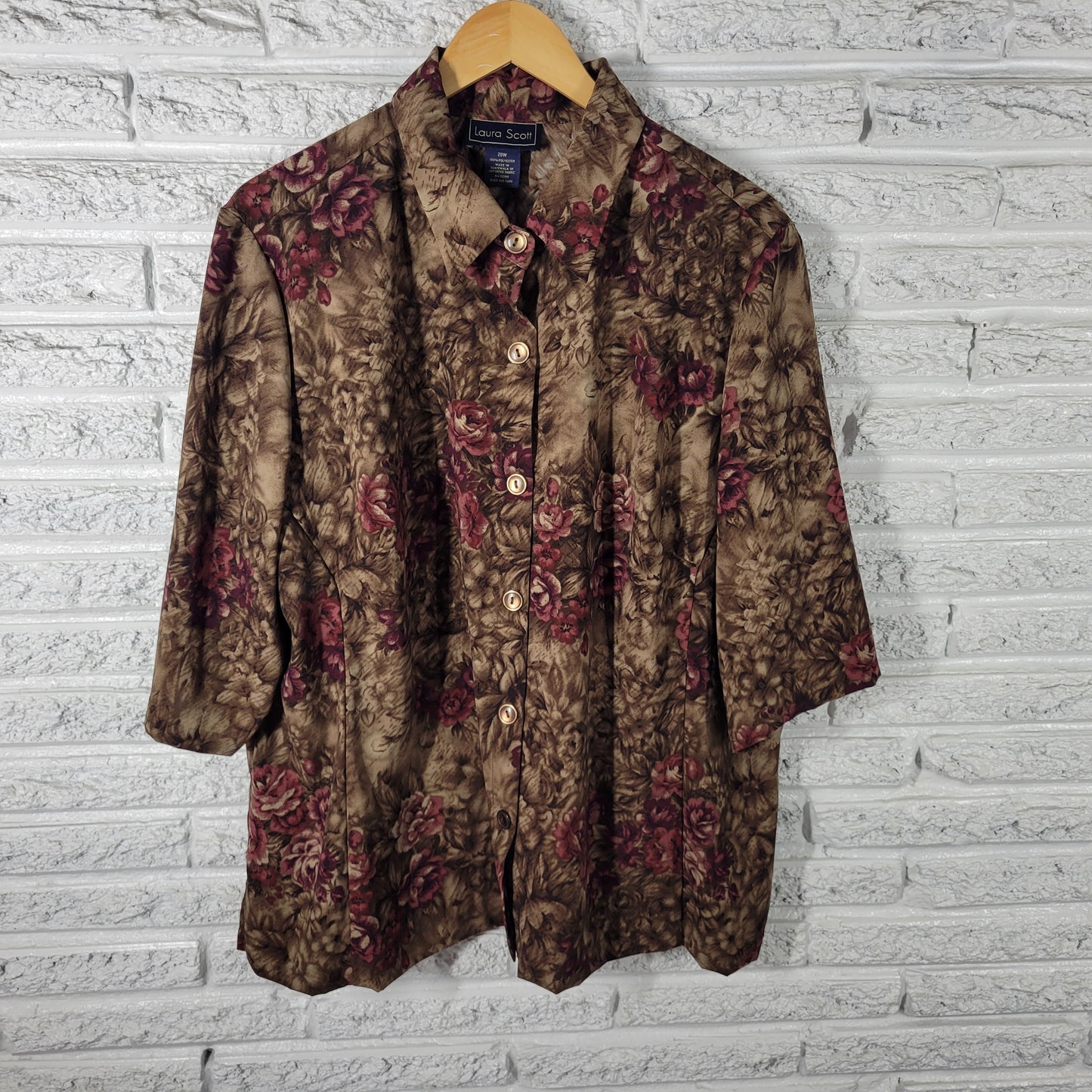 Laura Scott Women's Top 20W Brown Purple Floral Button Up Short Sleeve FLO84E