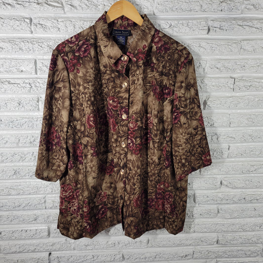 Laura Scott Women's Top 20W Brown Purple Floral Button Up Short Sleeve FLO84E