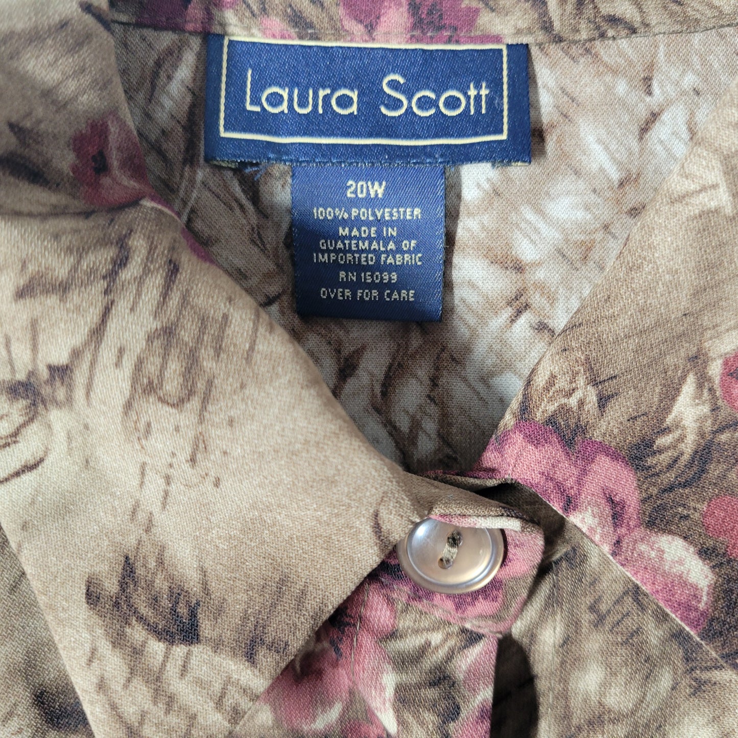 Laura Scott Women's Top 20W Brown Purple Floral Button Up Short Sleeve FLO84E