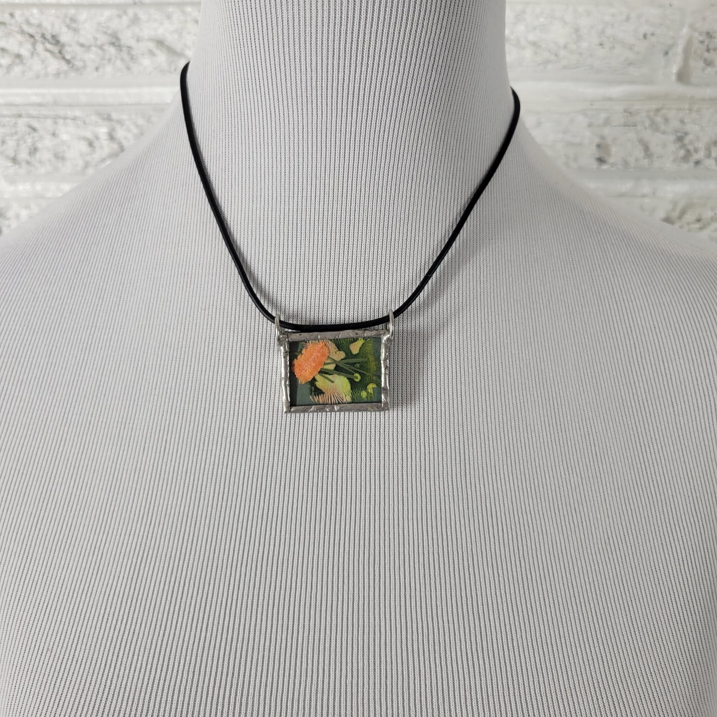 Artisan Handmade Floral Fabric Pendant Necklace Black Cord Boho Jewelry 17" N19E