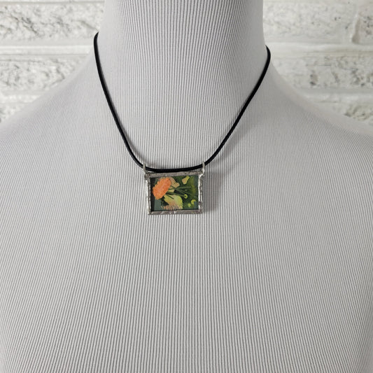 Artisan Handmade Floral Fabric Pendant Necklace Black Cord Boho Jewelry 17" N19E