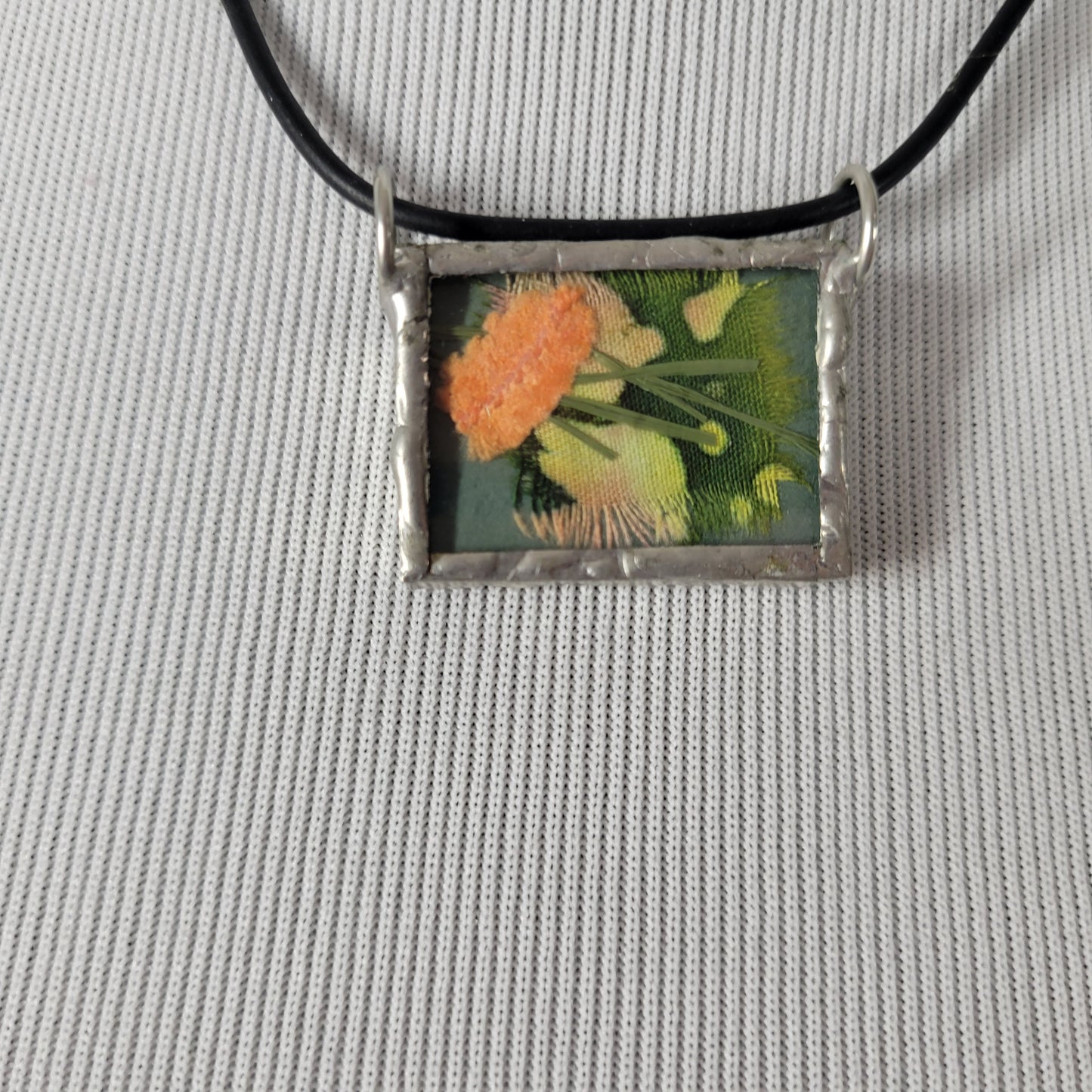 Artisan Handmade Floral Fabric Pendant Necklace Black Cord Boho Jewelry 17" N19E
