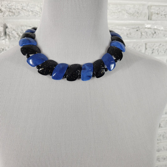Chunky Blue Black Statement Necklace Marbled Gold Fleck 18" Choker N23E