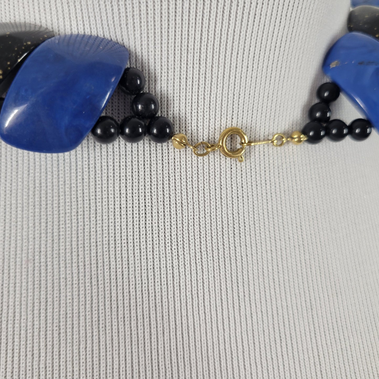 Chunky Blue Black Statement Necklace Marbled Gold Fleck 18" Choker N23E