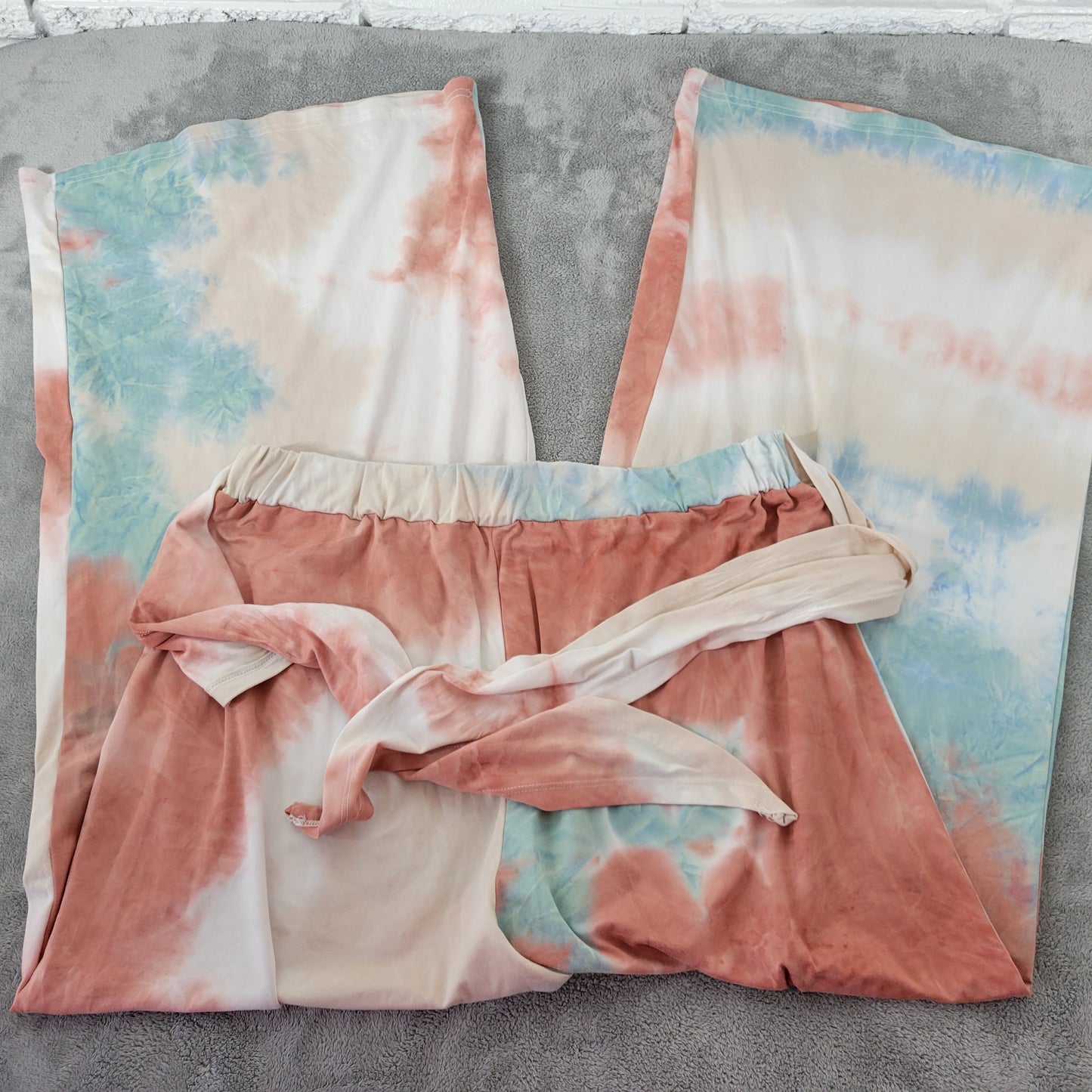 Emery Rose 1XL Wide Leg Palazzo Pants Brown Blue Tie Dye Belted TIE16XE