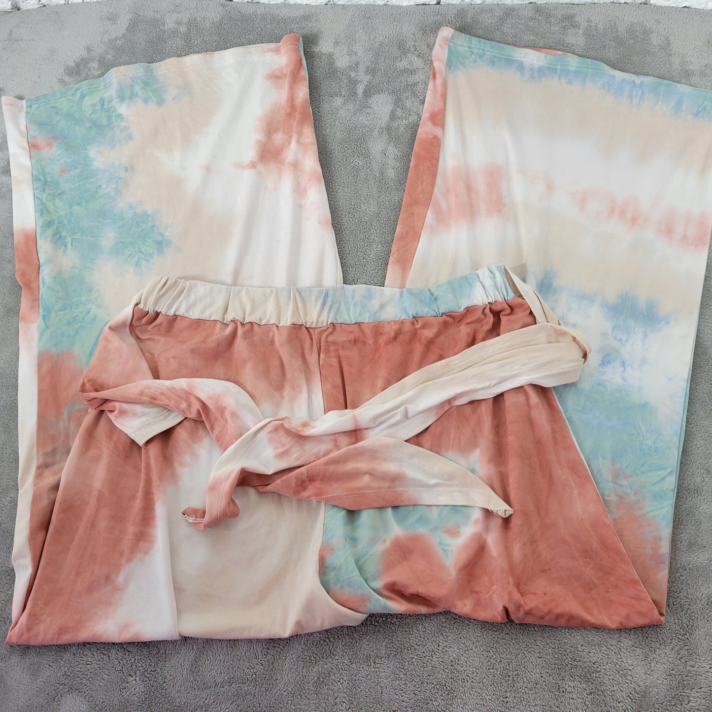 Emery Rose 1XL Wide Leg Palazzo Pants Brown Blue Tie Dye Belted TIE16XE